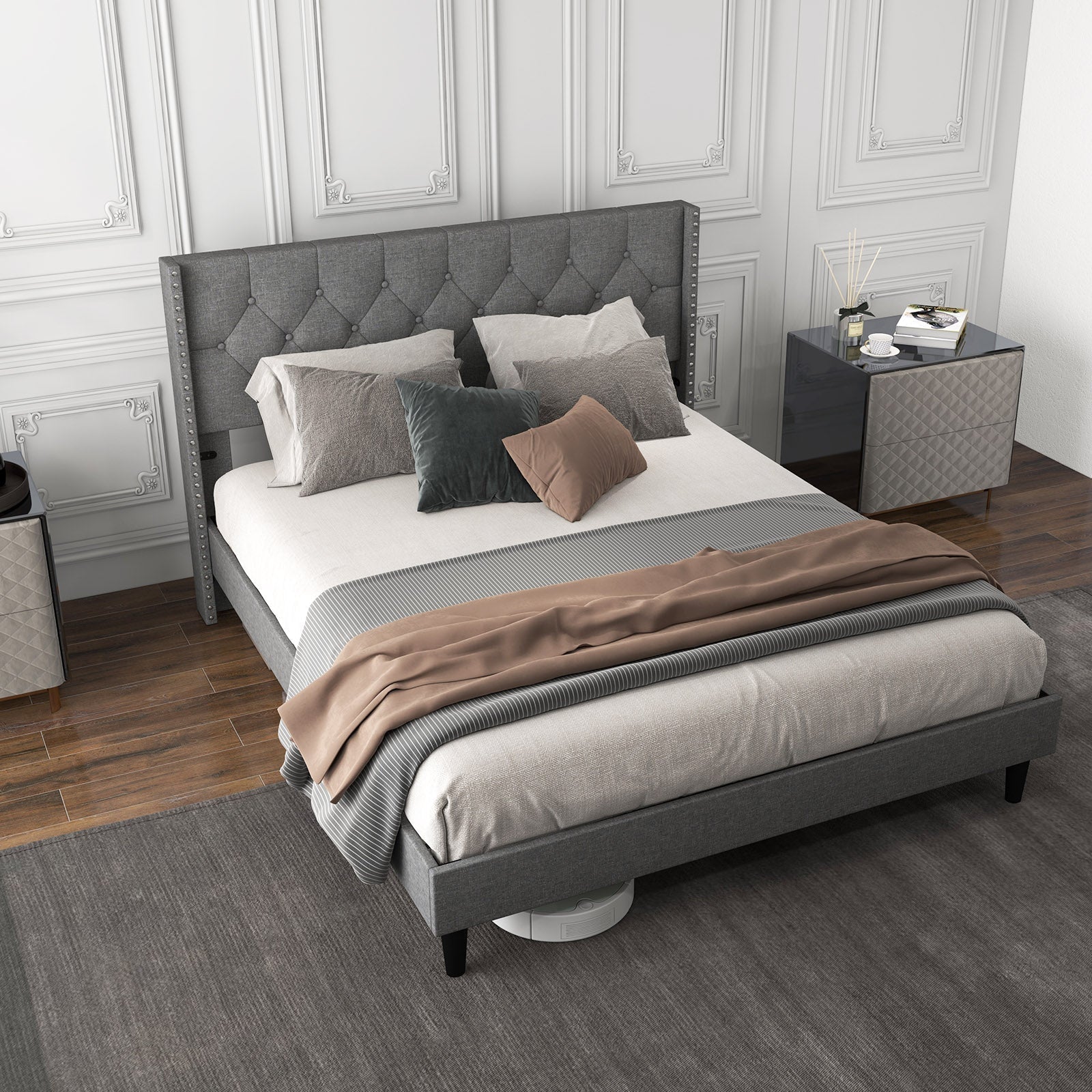 Full/Queen Size Upholstered Platform Bed with Button Tufted Headboard