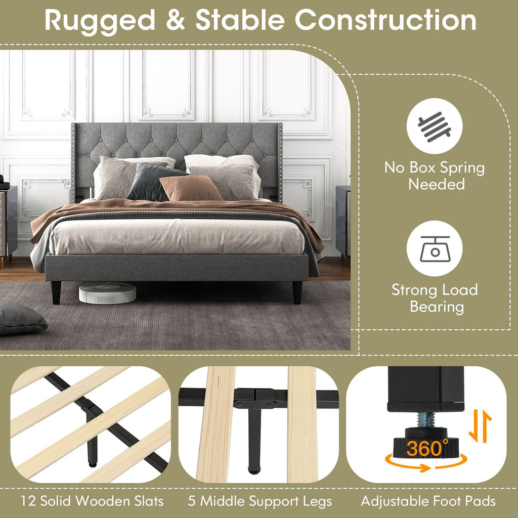Full/Queen Size Upholstered Platform Bed with Button Tufted Headboard