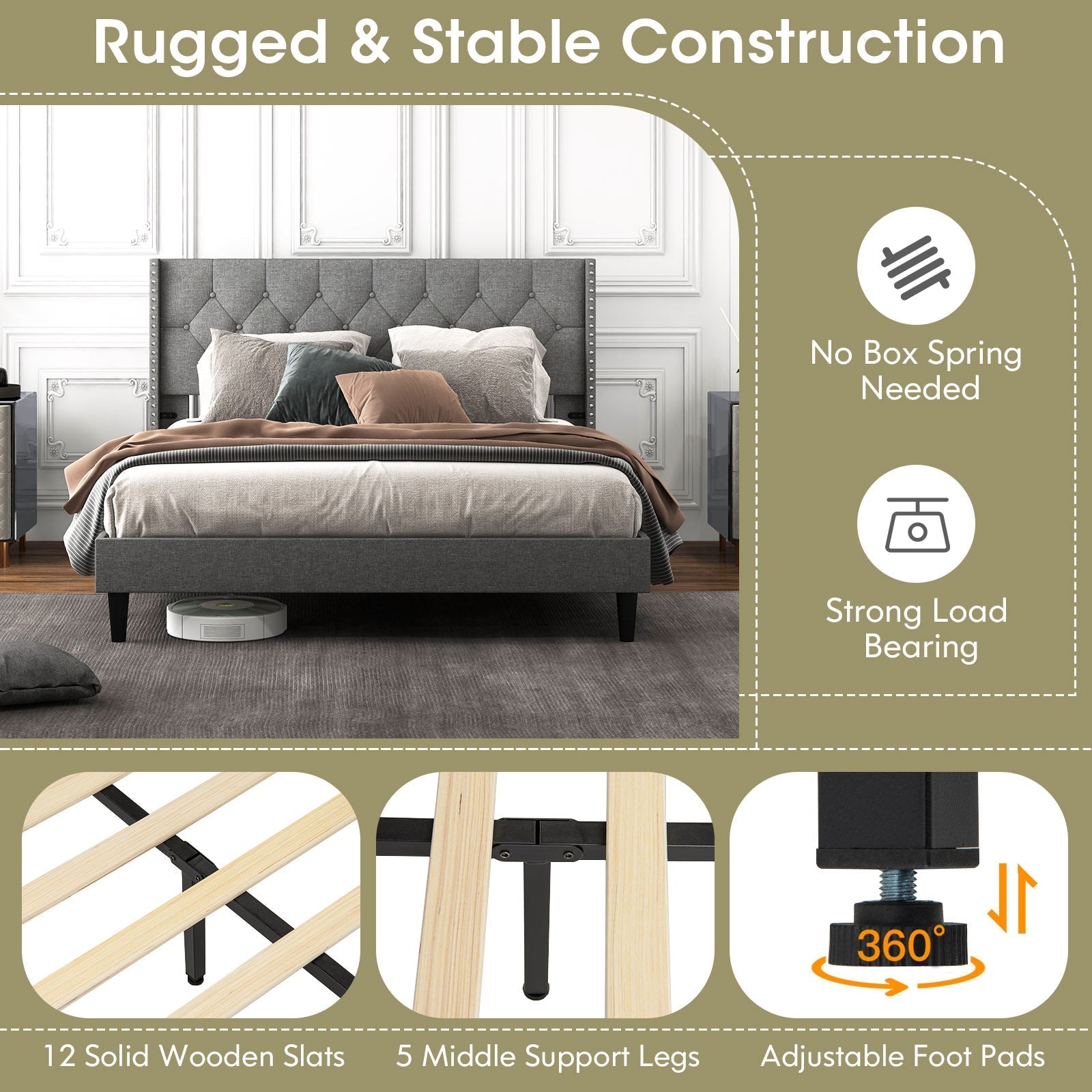 Full/Queen Size Upholstered Platform Bed with Button Tufted Headboard