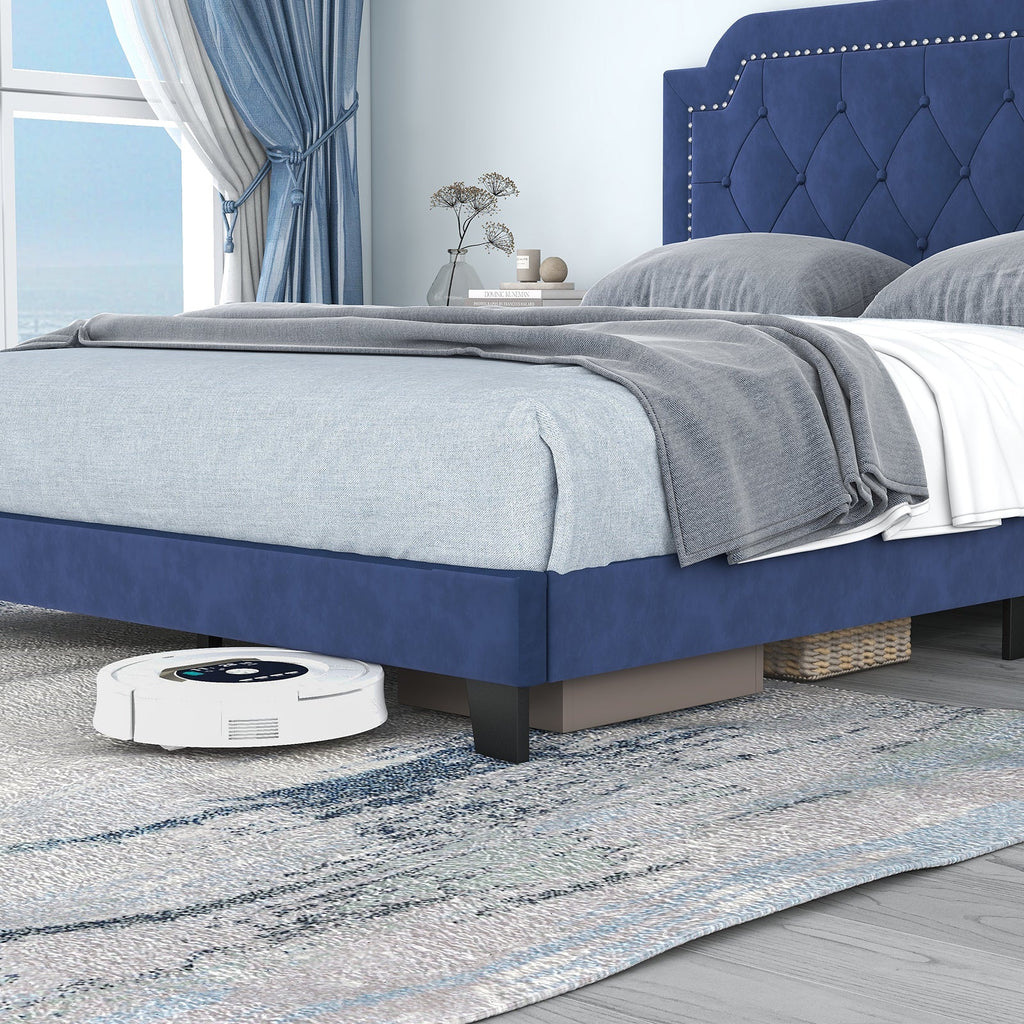 Queen Size Velvet Platform Bed with Button Tufted and Nailhead Trim Headboard-Queen Size