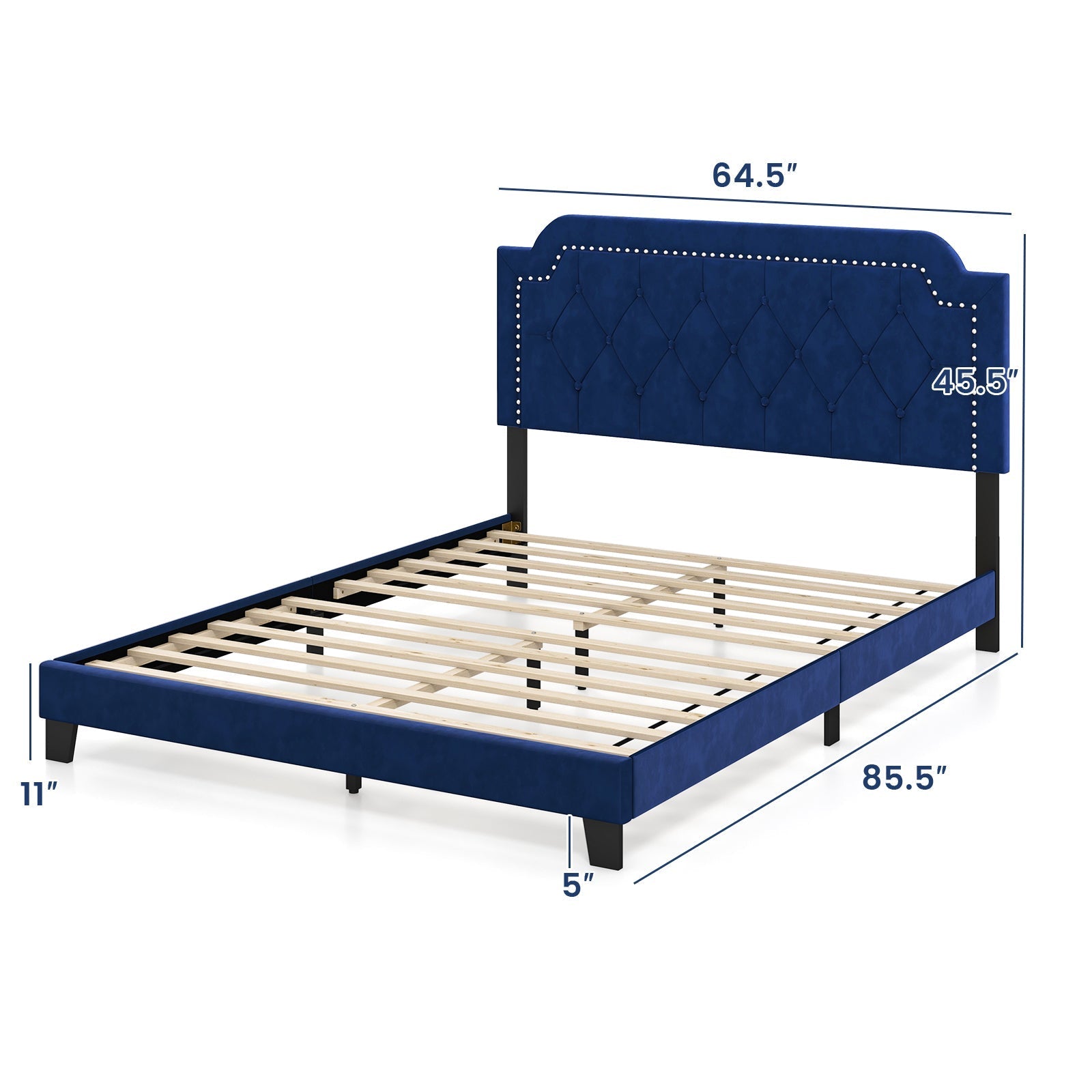 Queen Size Velvet Platform Bed with Button Tufted and Nailhead Trim Headboard-Queen Size