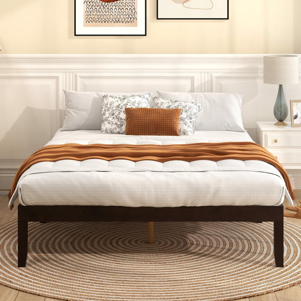 Queen Size Wood Bed Frame with Wooden Slats Support and Rubber Wood Legs