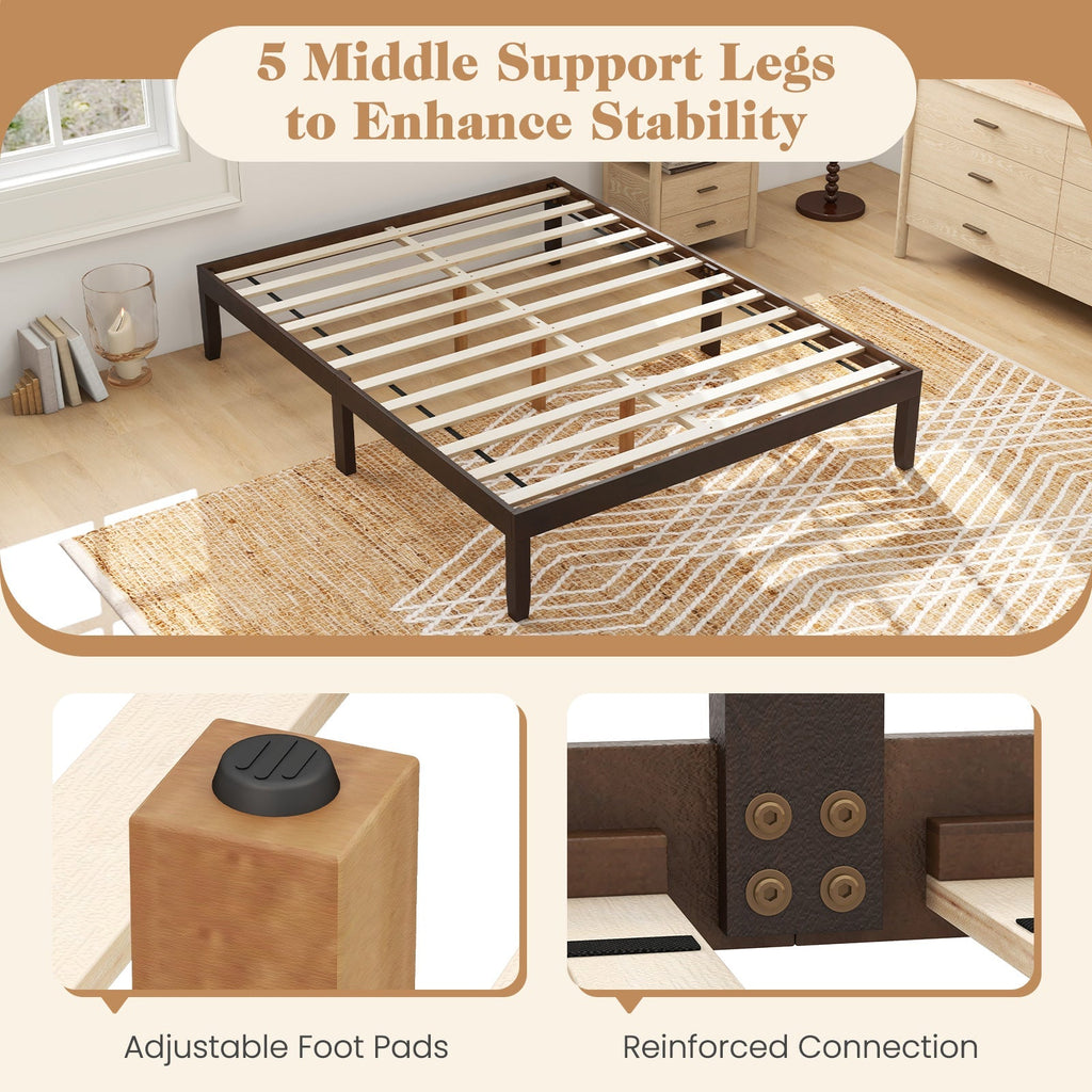 Queen Size Wood Bed Frame with Wooden Slats Support and Rubber Wood Legs