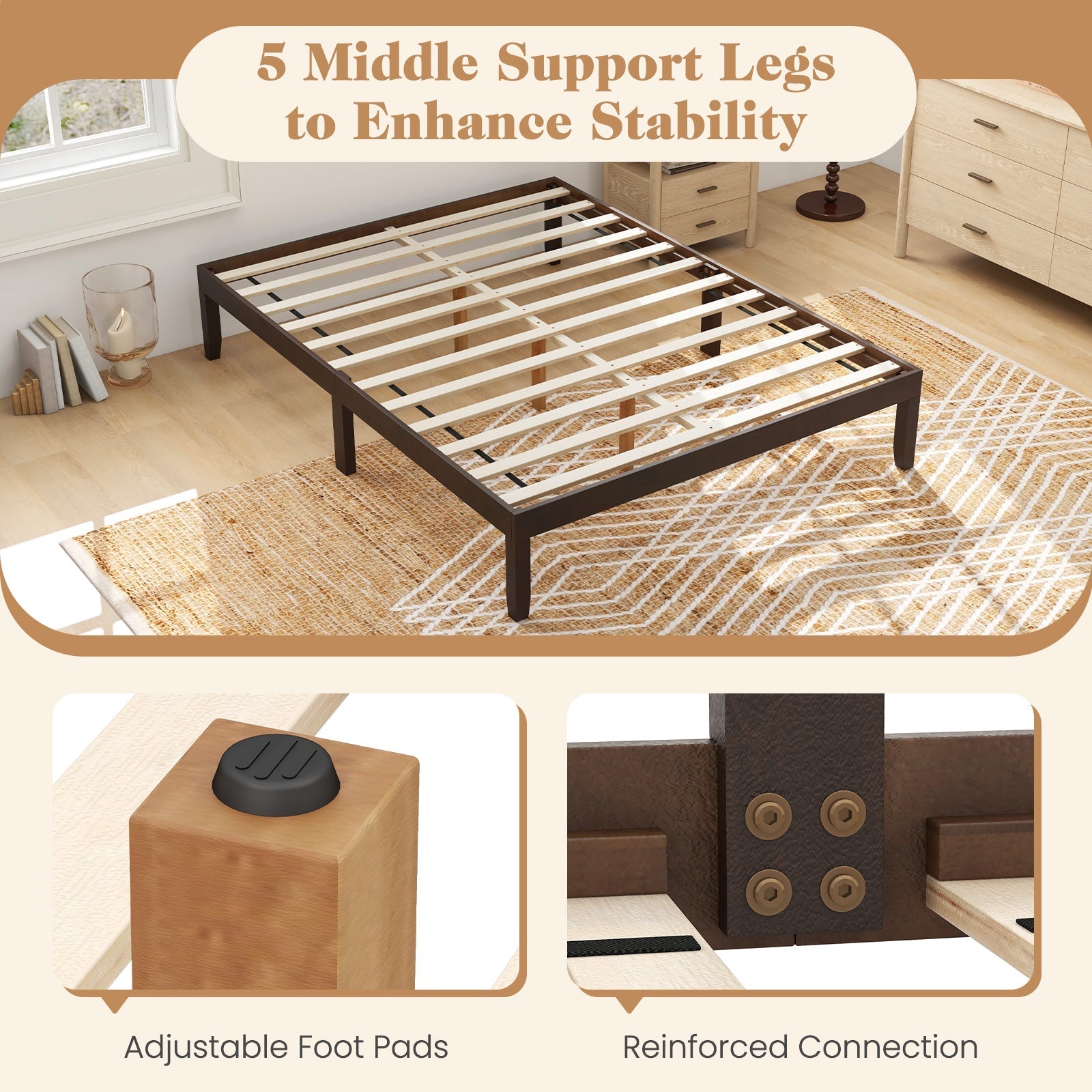 Queen Size Wood Bed Frame with Wooden Slats Support and Rubber Wood Legs