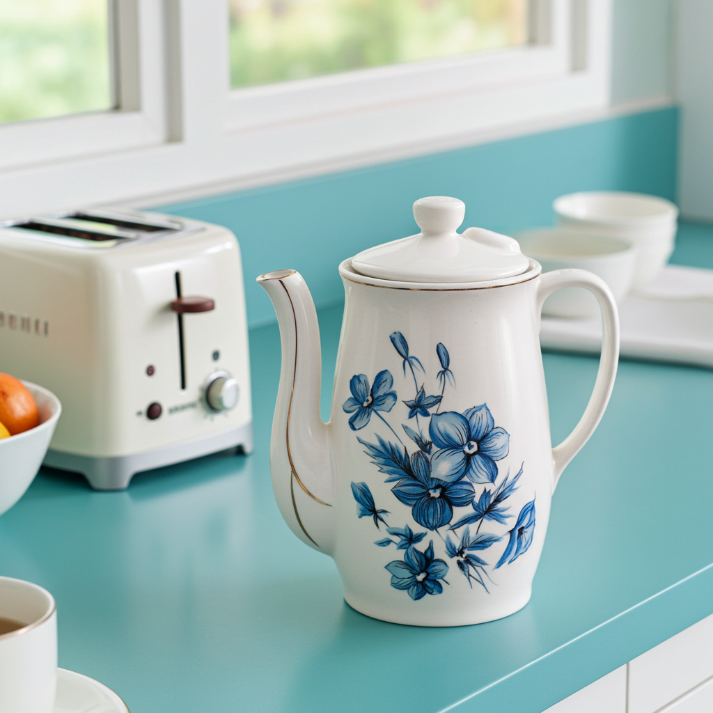 Japanese Porcelain Electric Teapot – Blue Floral Mid‑Century Design