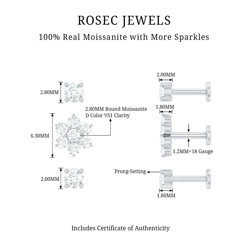 Moissanite Flower Triple Earrings Set for Cartilage Piercing