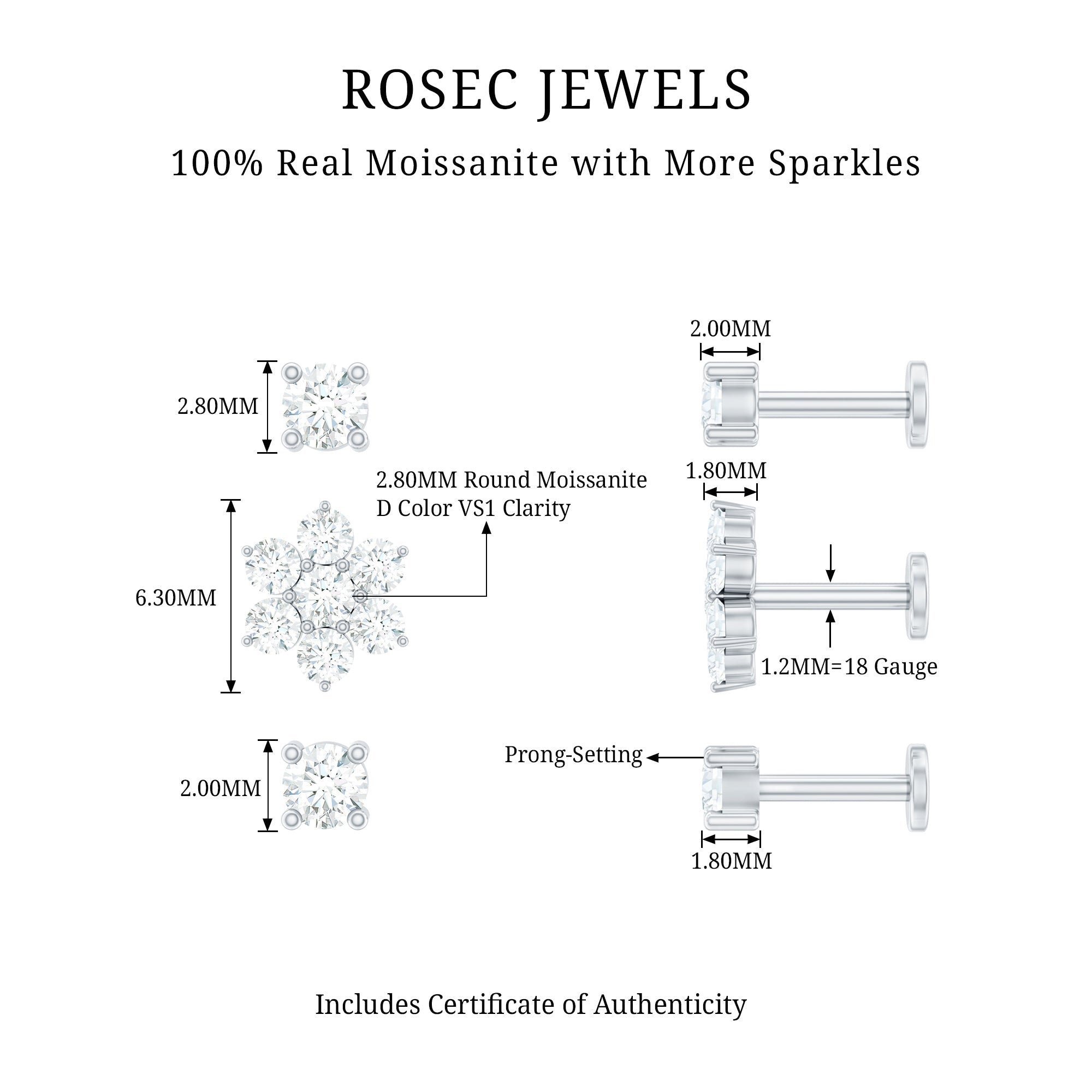 Moissanite Flower Triple Earrings Set for Cartilage Piercing
