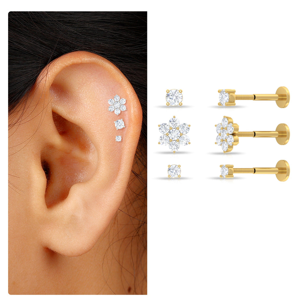 Moissanite Flower Triple Earrings Set for Cartilage Piercing