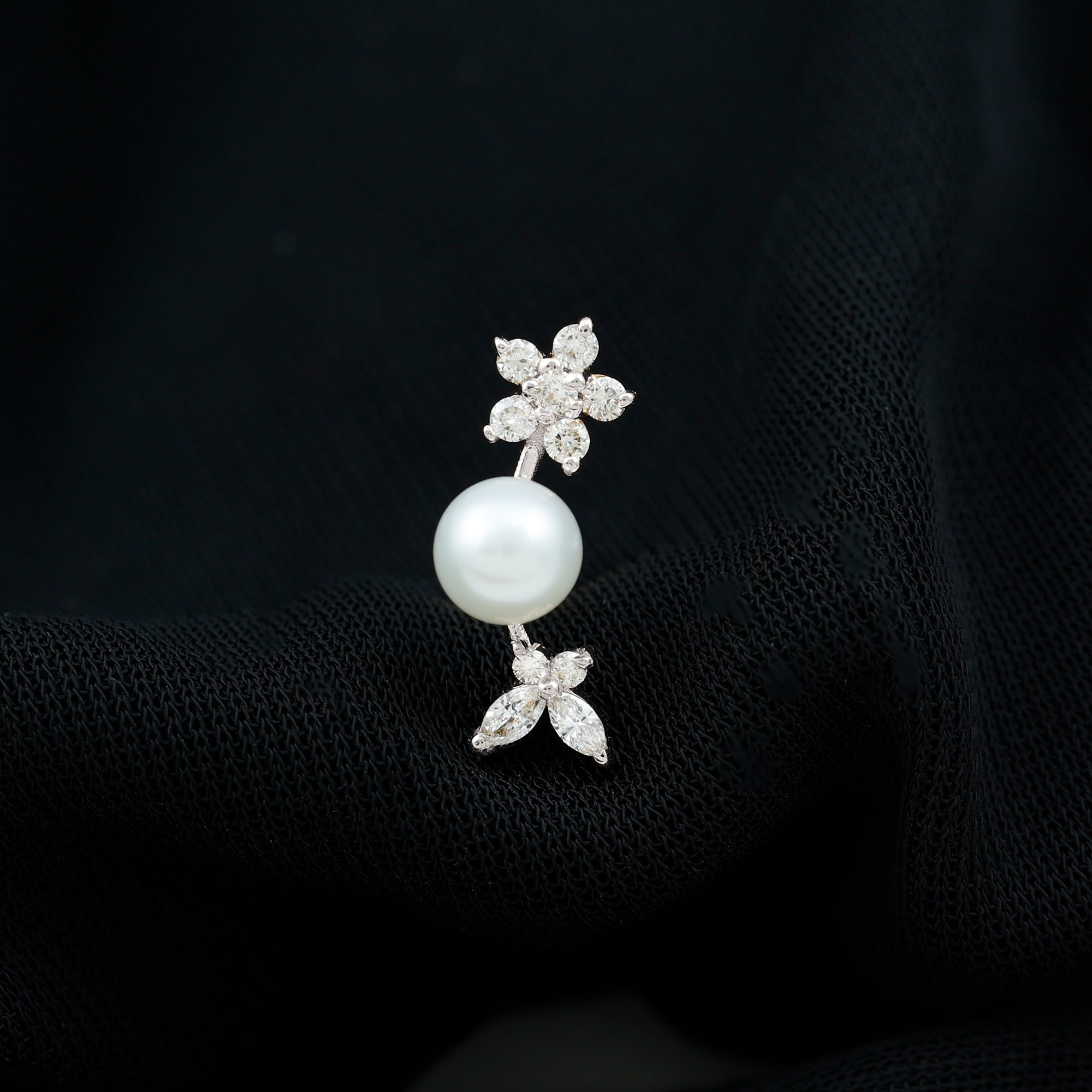 Nature Inspired Freshwater Pearl and Diamond Crawler Earring