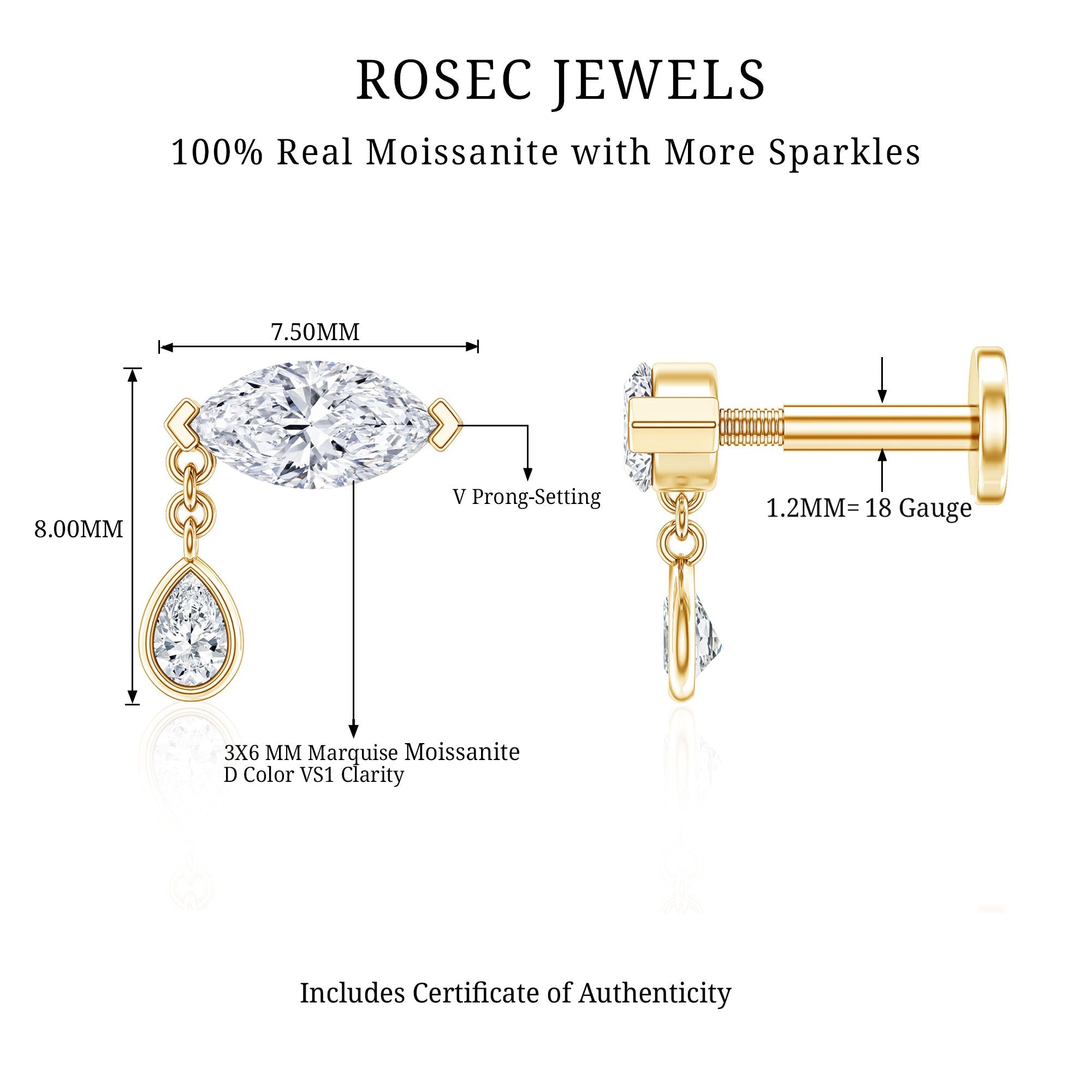 Marquise Moissanite Dangle Cartilage Earring