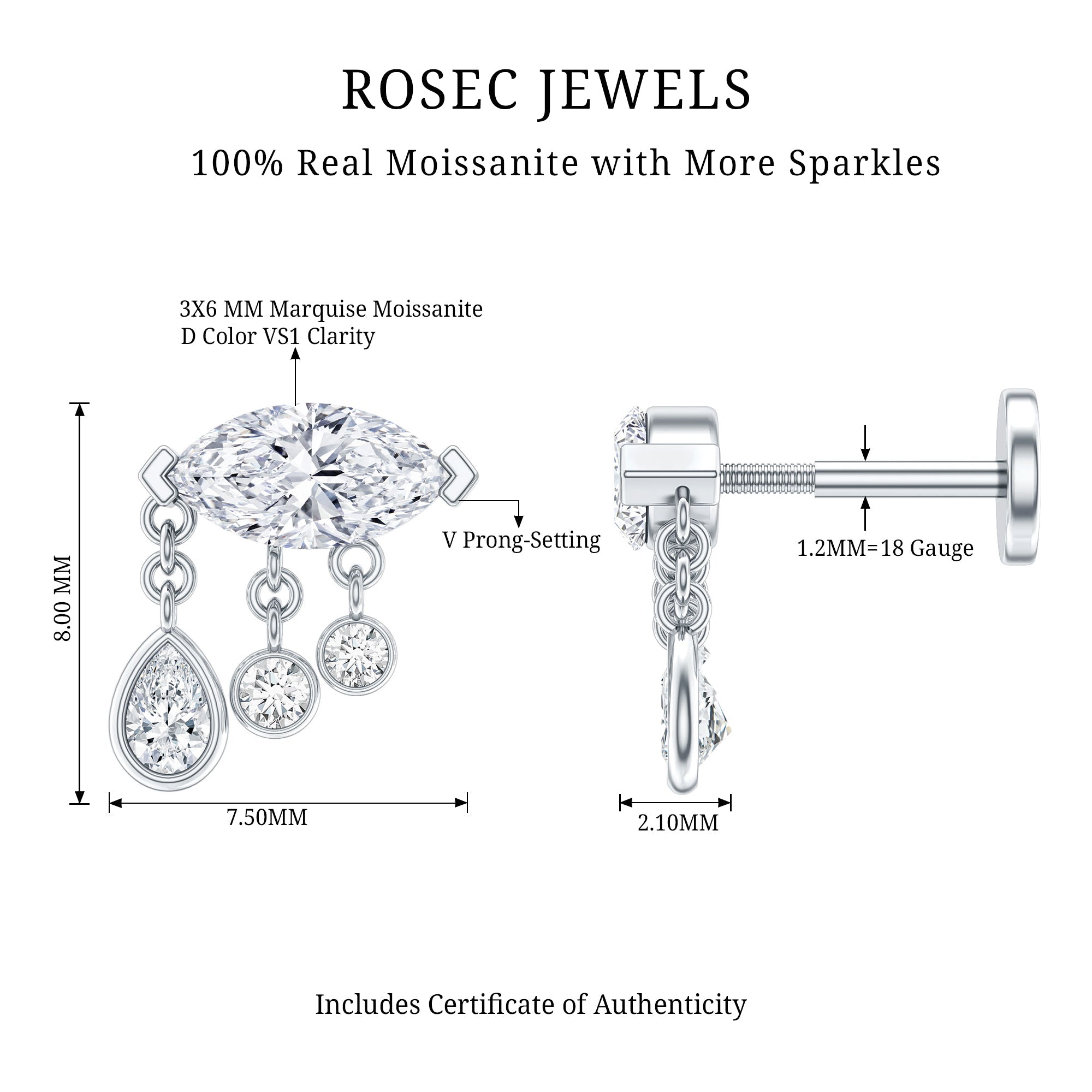 Marquise Cut Moissanite Cartilage Dangle Earring