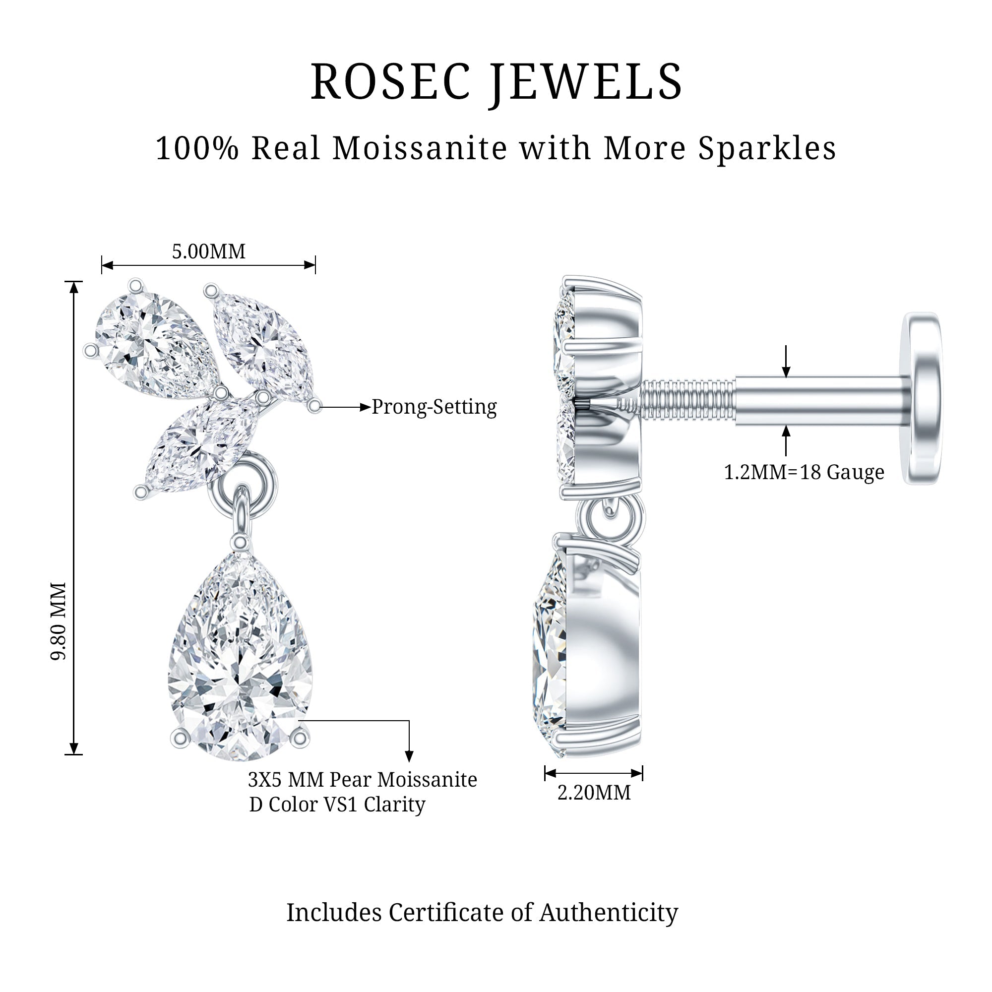 Marquise and Pear Moissanite Cluster Drop Cartilage Earring