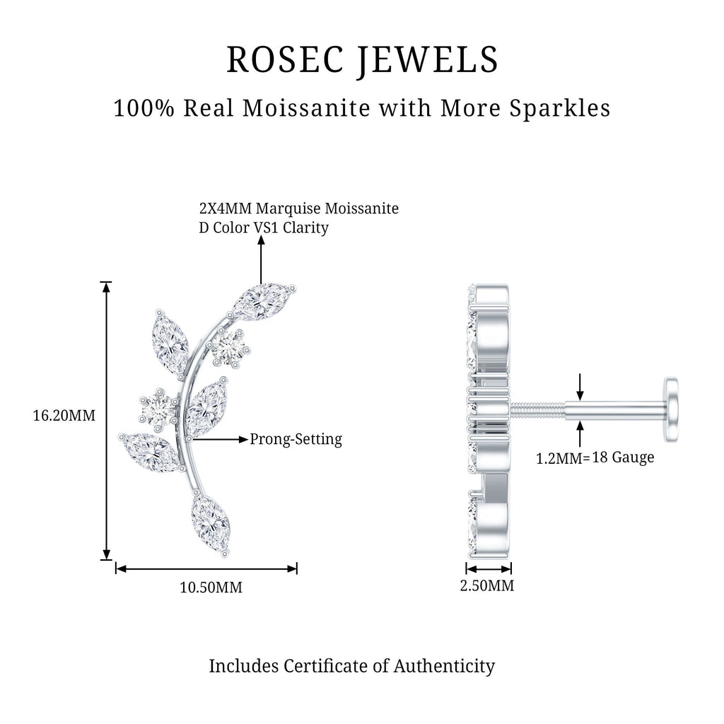 Certified Moissanite Leaf Climber Earring for Helix Piercing