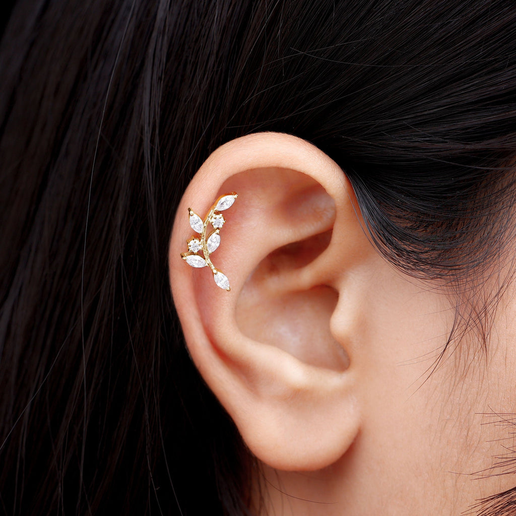 Certified Moissanite Leaf Climber Earring for Helix Piercing