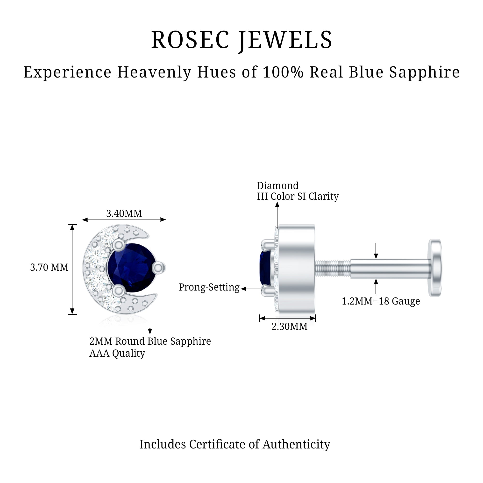 Genuine Blue Sapphire and Diamond Celestial Nose Pin