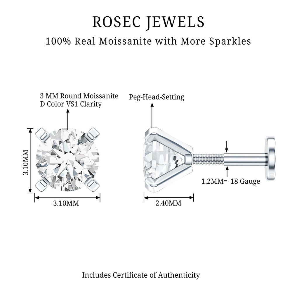 Round Shape Moissanite Solitaire Nose Pin