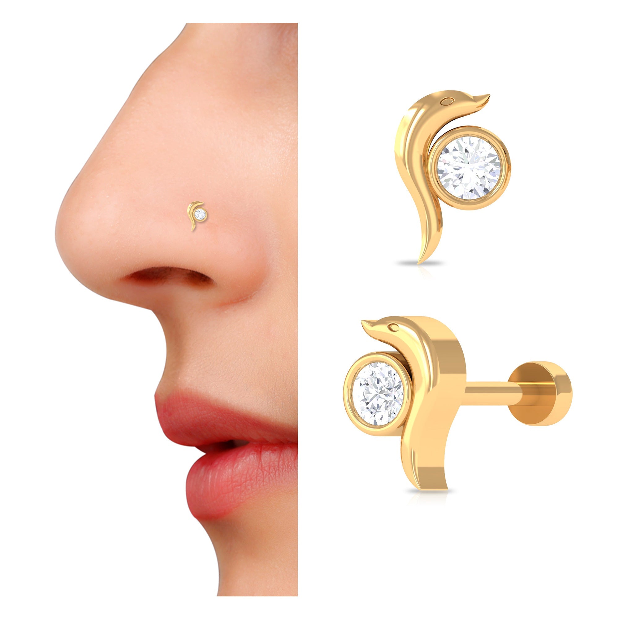 Bezel Set Round Diamond Dolphin Nose Ring