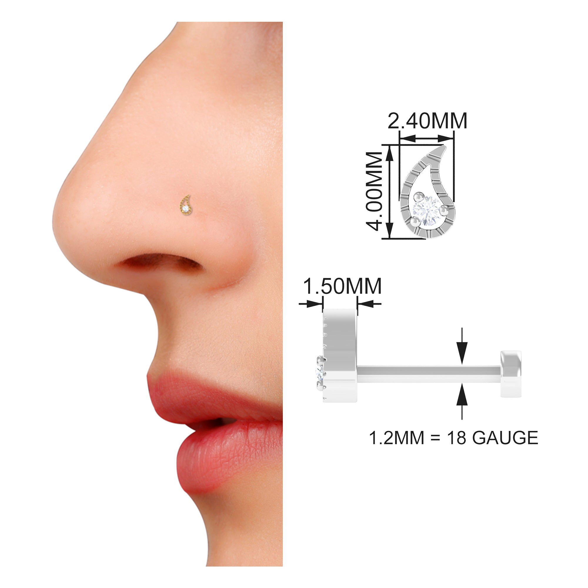 Round Cut Diamond Leaf Nose Pin in Prong Setting