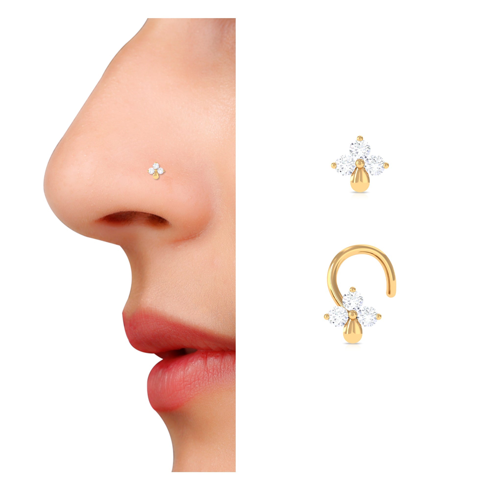 Natural Diamond 3 Stone Flower Nose Pin