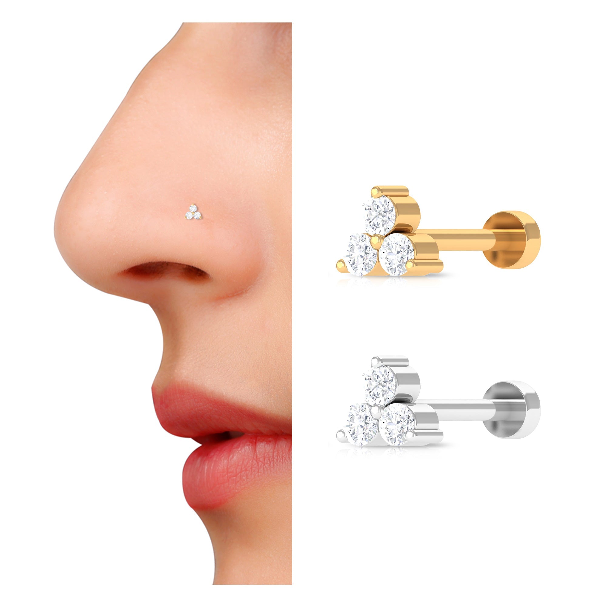 Round Diamond Three Stone Nose Pin