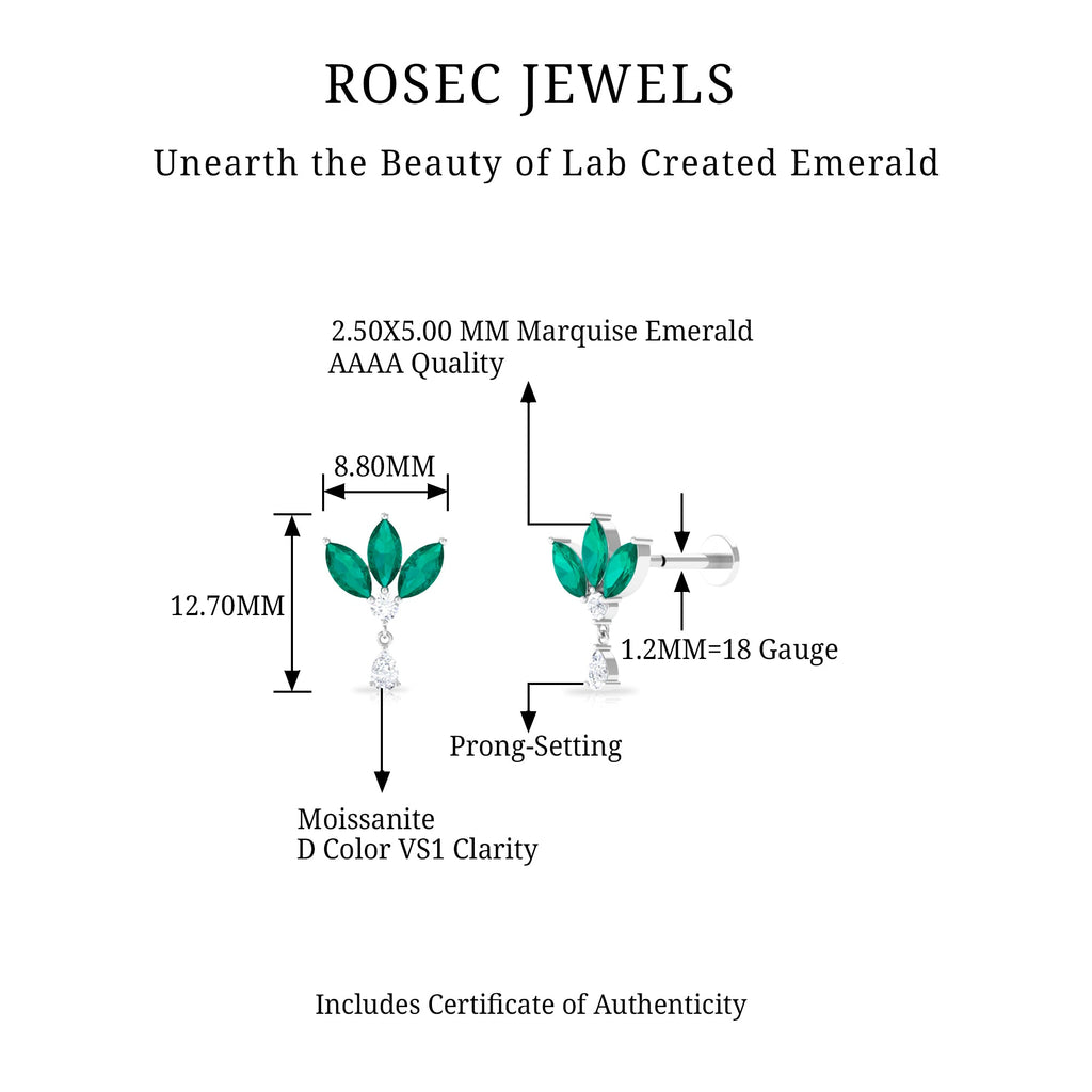 Marquise Created Emerald and Moissanite Flower Drop Earring