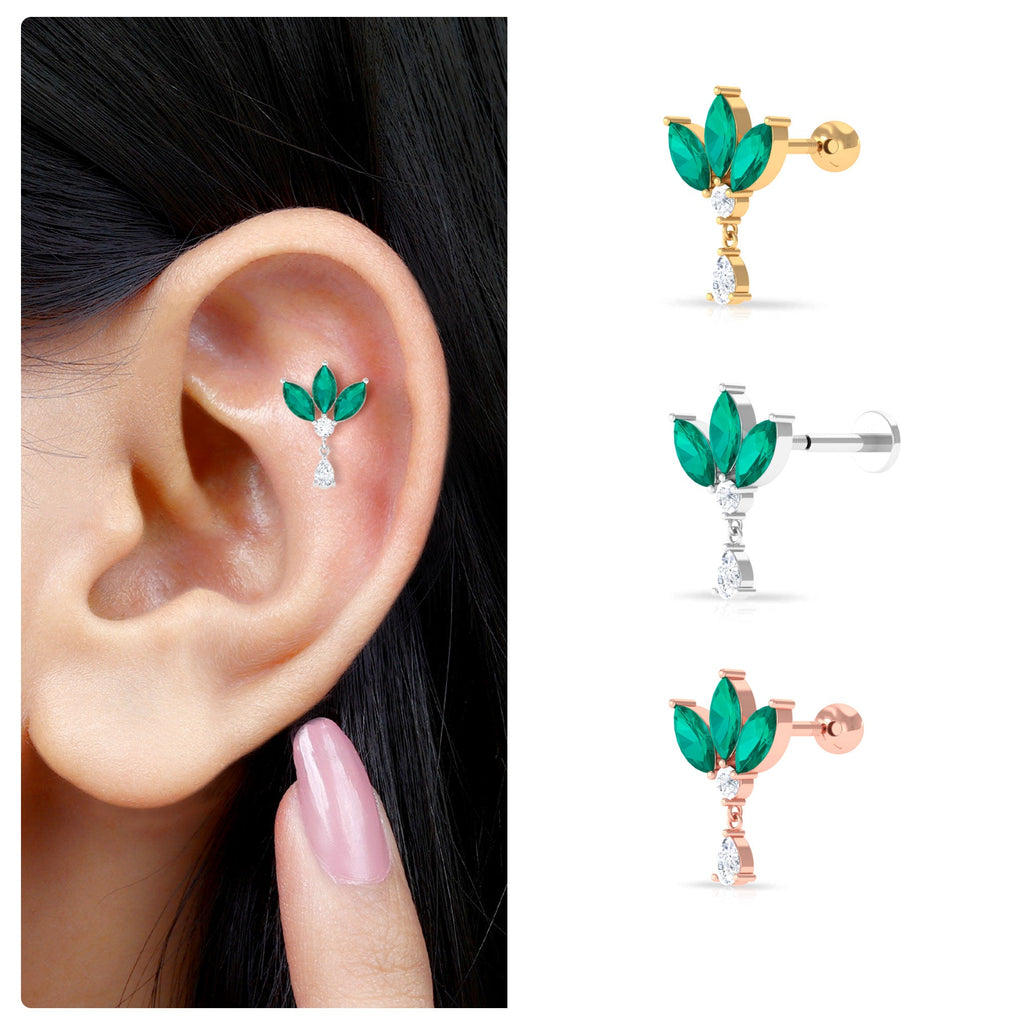 Marquise Created Emerald and Moissanite Flower Drop Earring