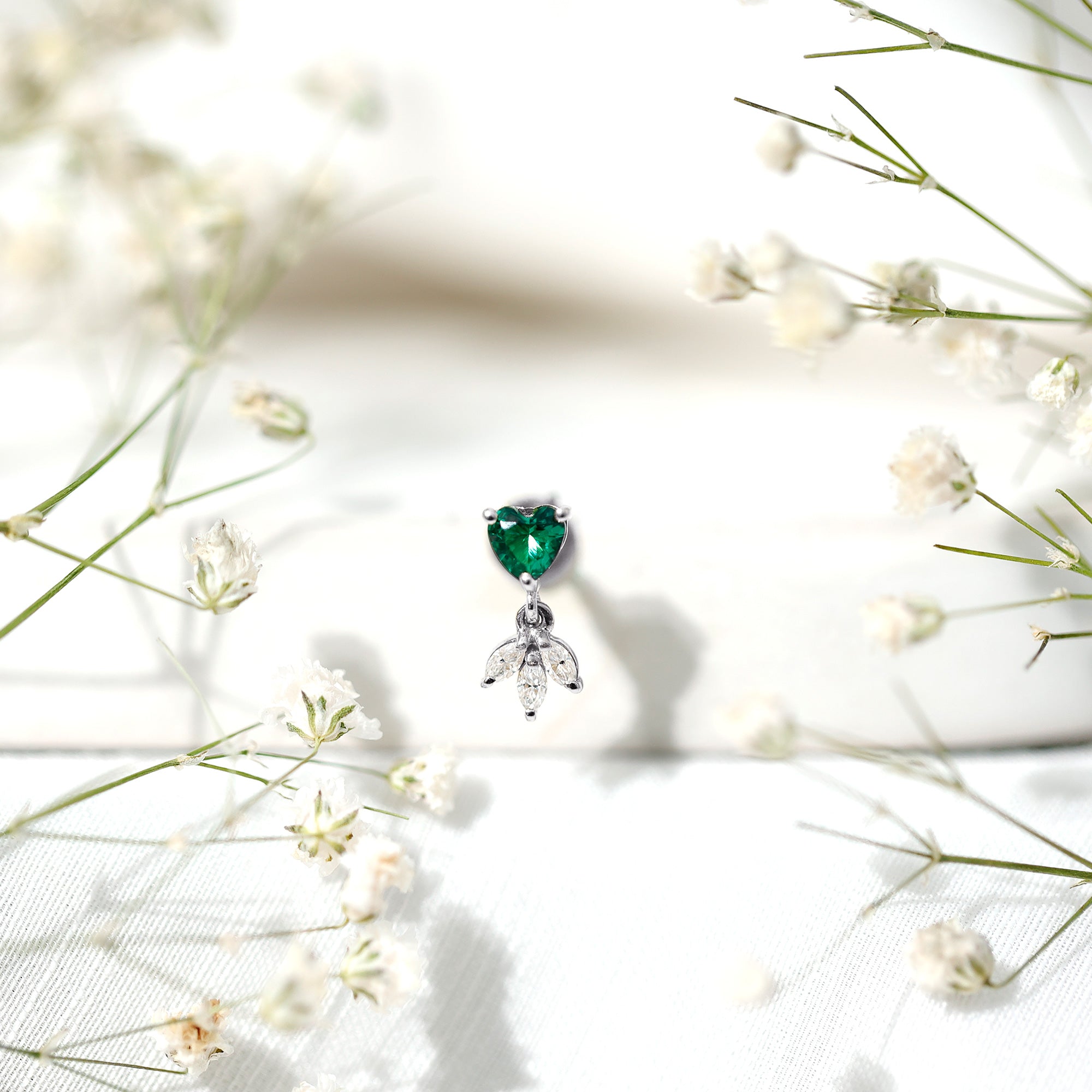 Heart Shape Lab Created Emerald and Diamond Helix Drop Earring