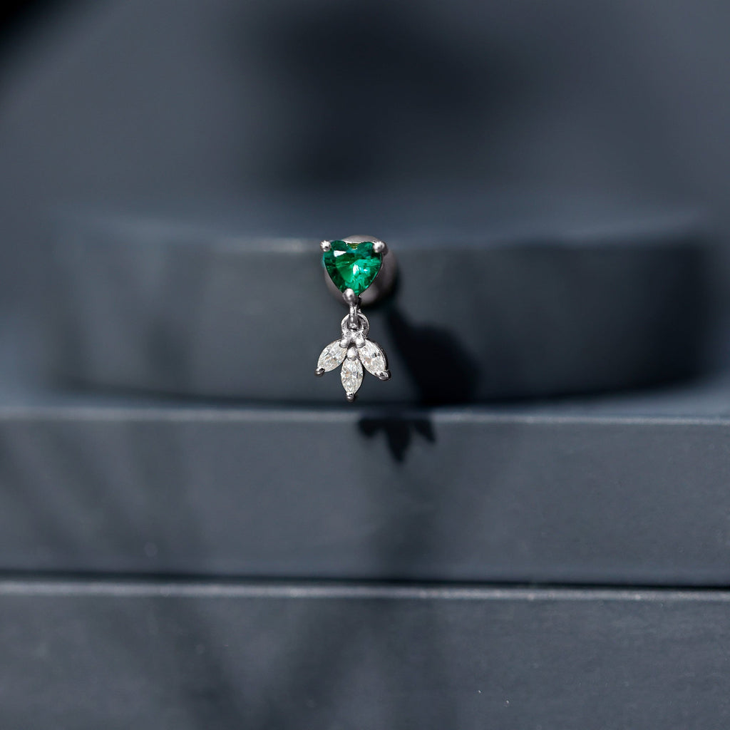 Heart Shape Lab Created Emerald and Diamond Helix Drop Earring