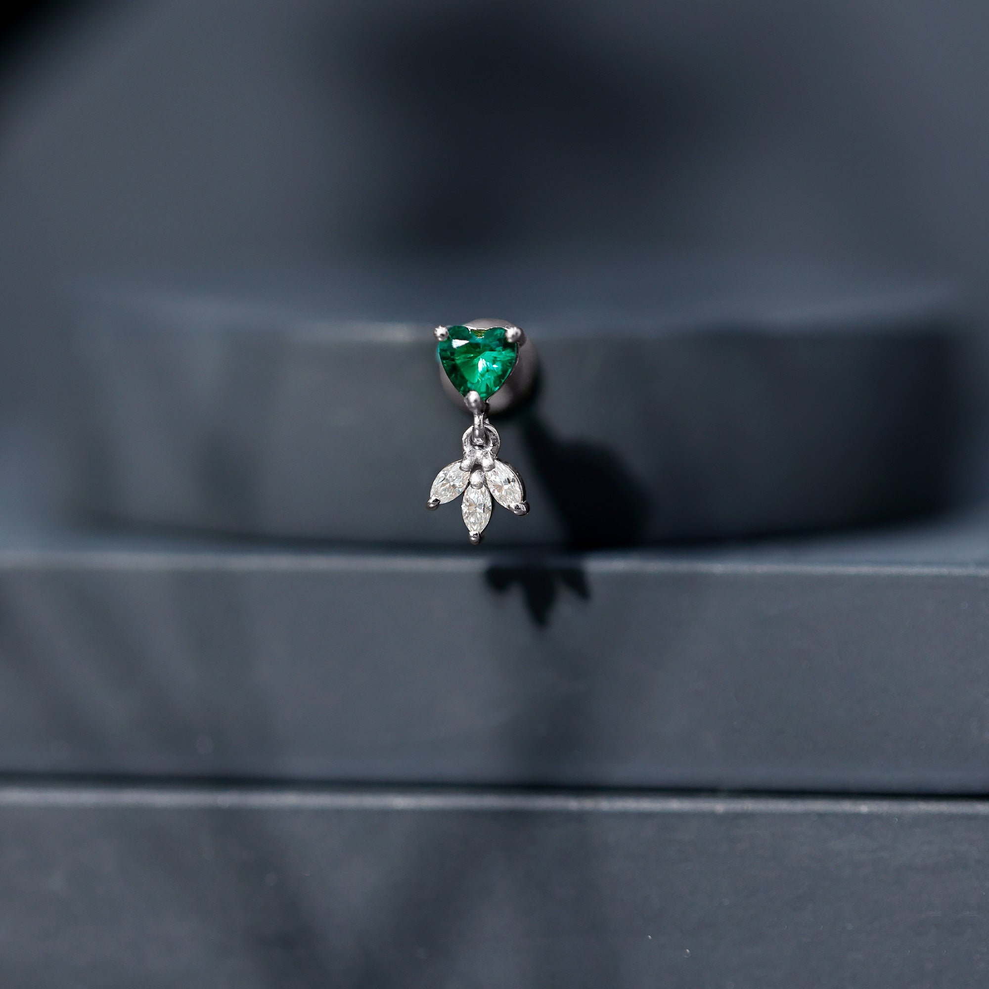 Heart Shape Lab Created Emerald and Diamond Helix Drop Earring