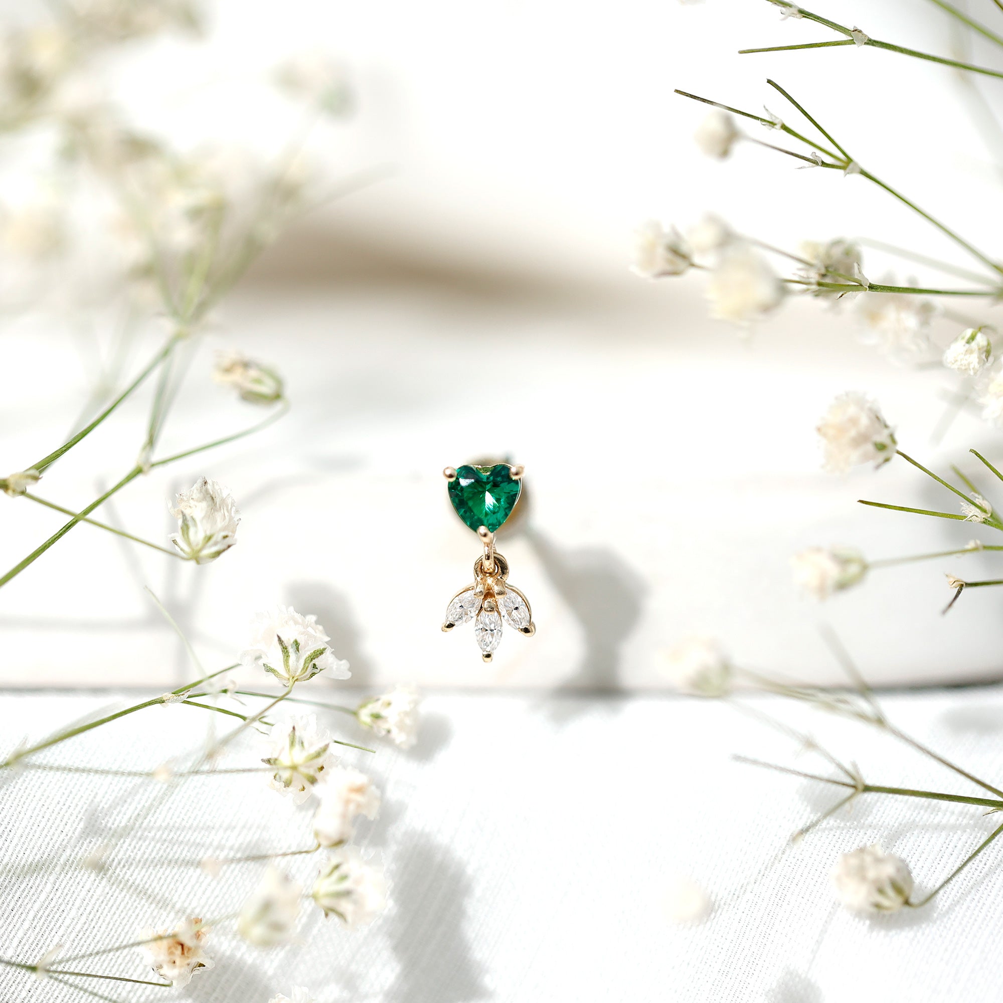 Heart Shape Lab Created Emerald and Diamond Helix Drop Earring