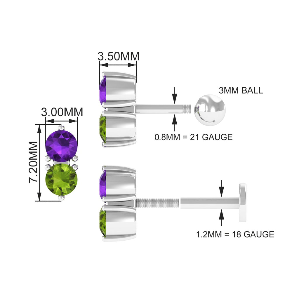 Real Amethyst and Peridot Two Stone Helix Earring