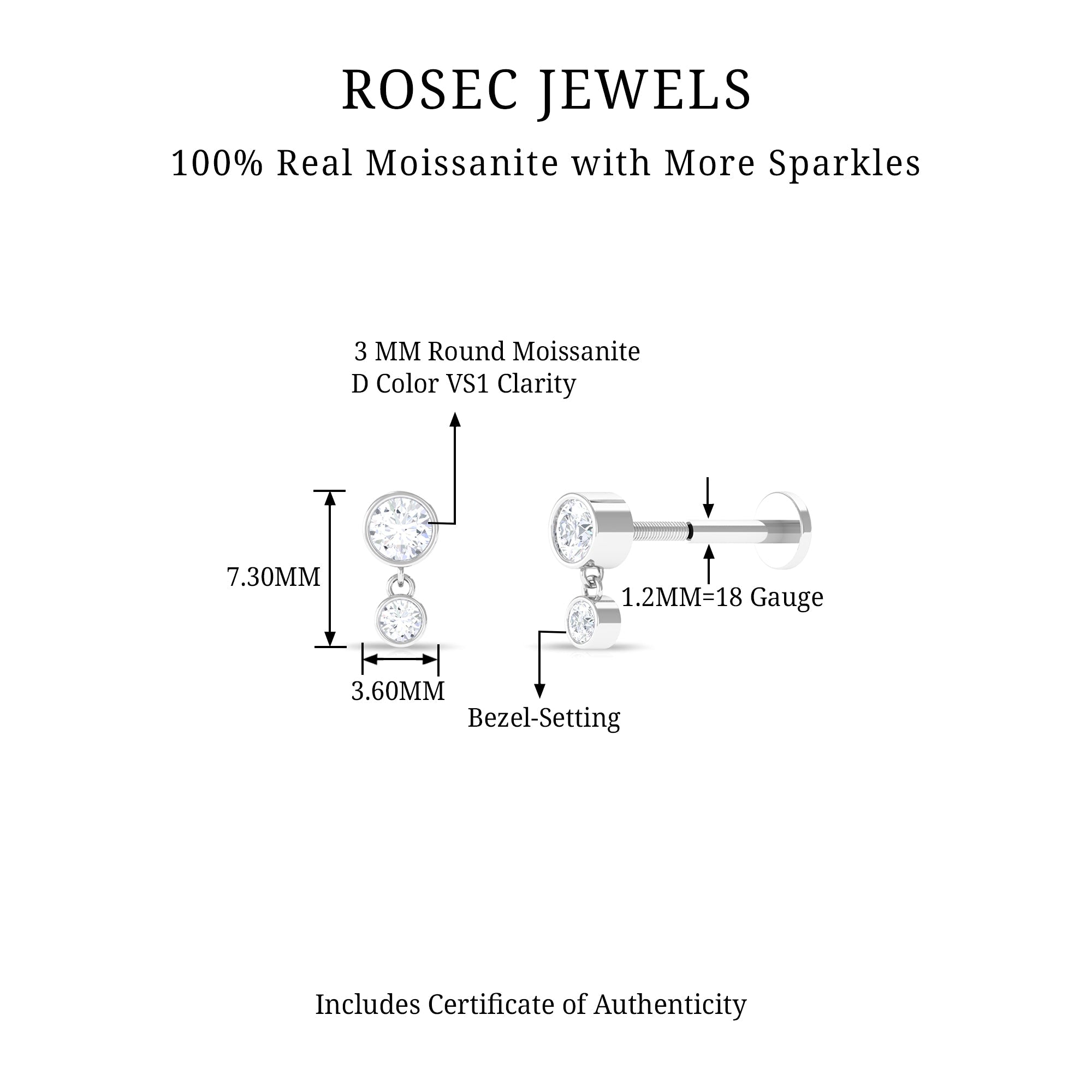 Bezel Set Round Moissanite Helix Drop Earring