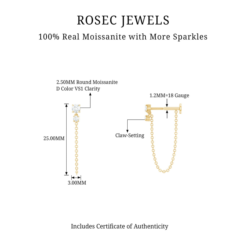 Round Moissanite Chain Drop Earring for Cartilage Piercing