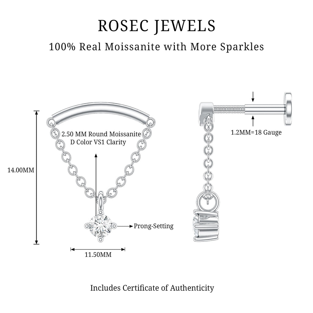 Curved Bar and Moissanite Chain Earring for Helix Piercing