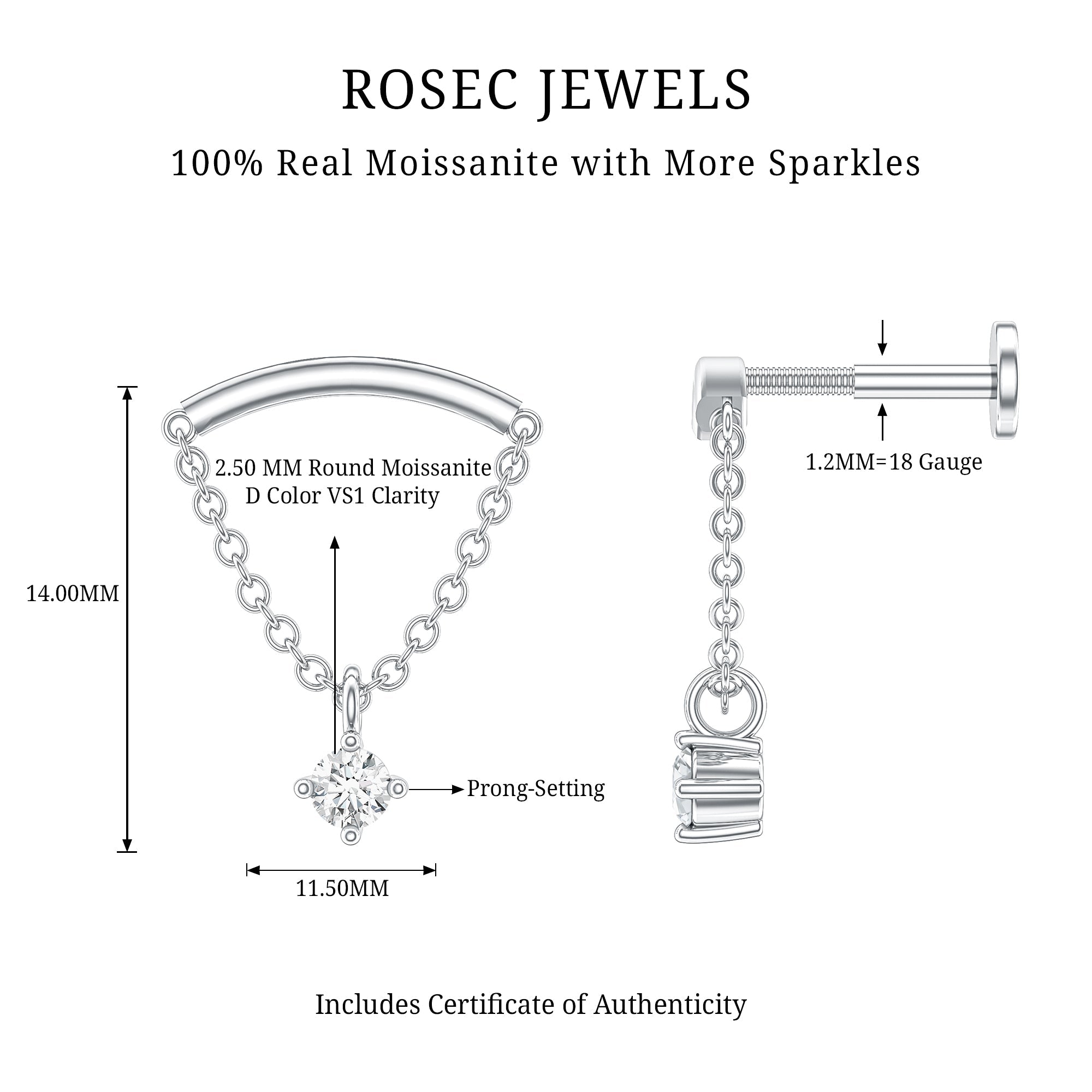 Curved Bar and Moissanite Chain Earring for Helix Piercing