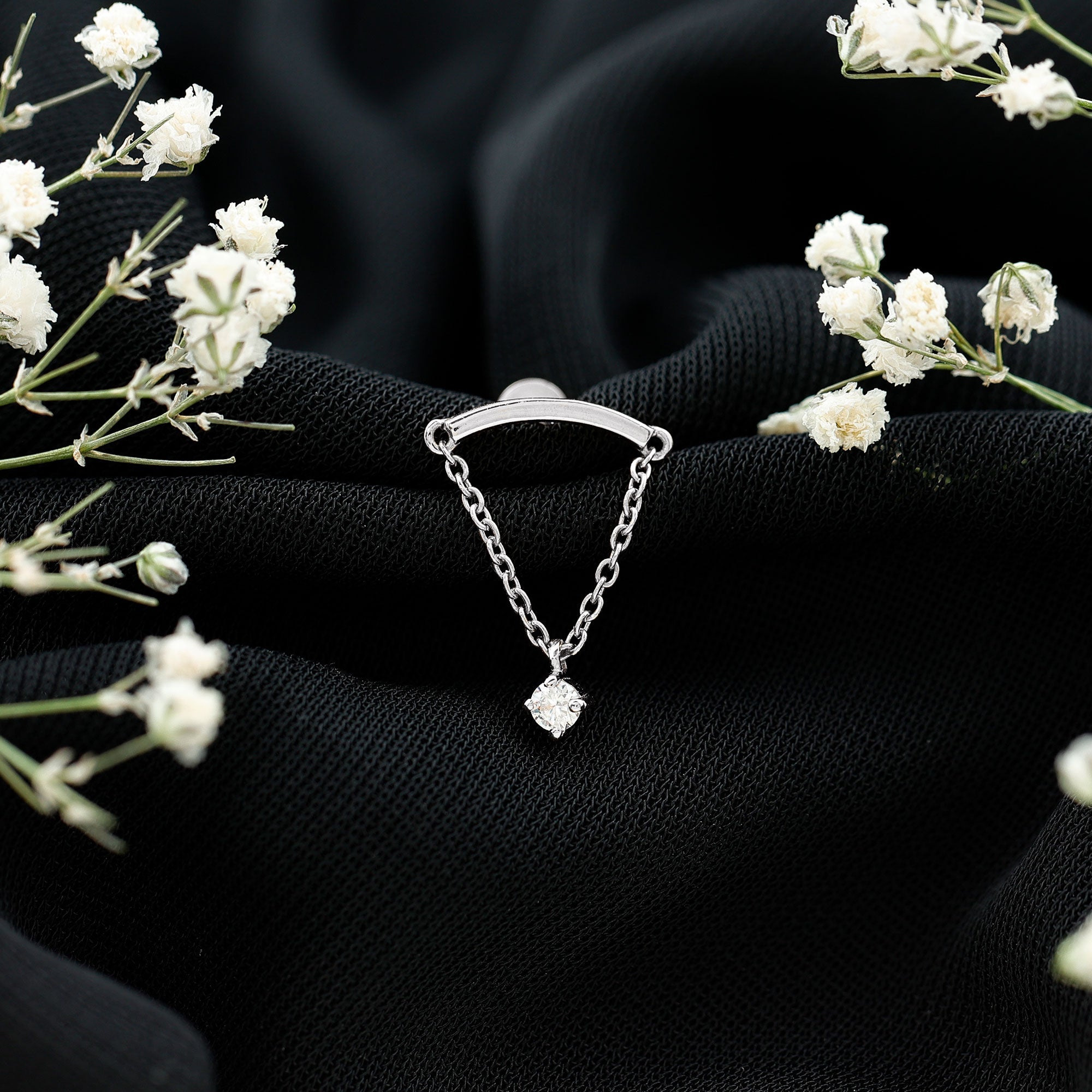 Curved Bar and Moissanite Chain Earring for Helix Piercing