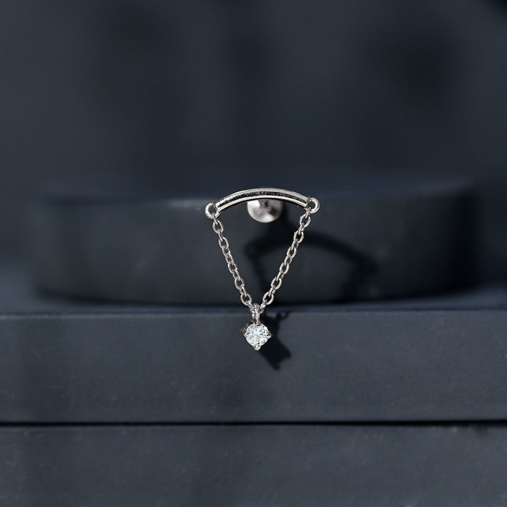 Curved Bar and Moissanite Chain Earring for Helix Piercing