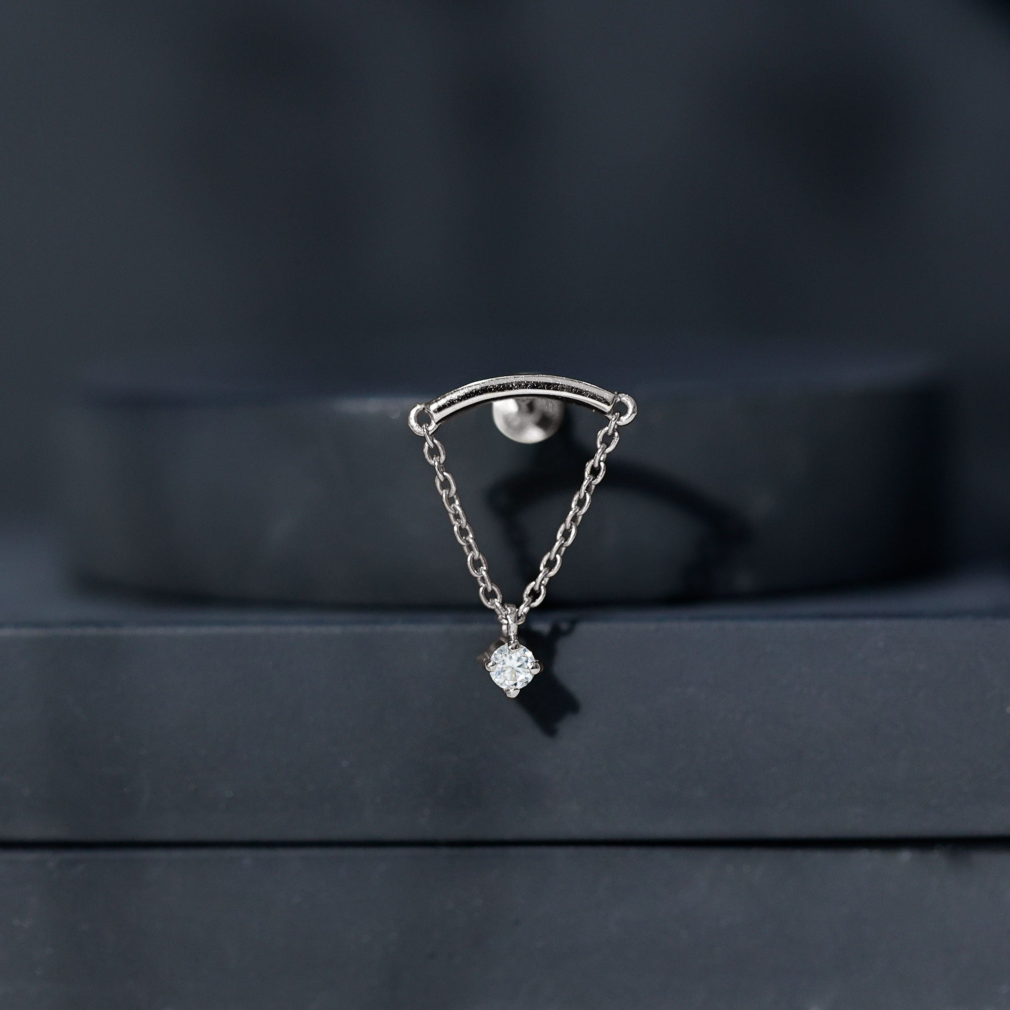 Curved Bar and Moissanite Chain Earring for Helix Piercing