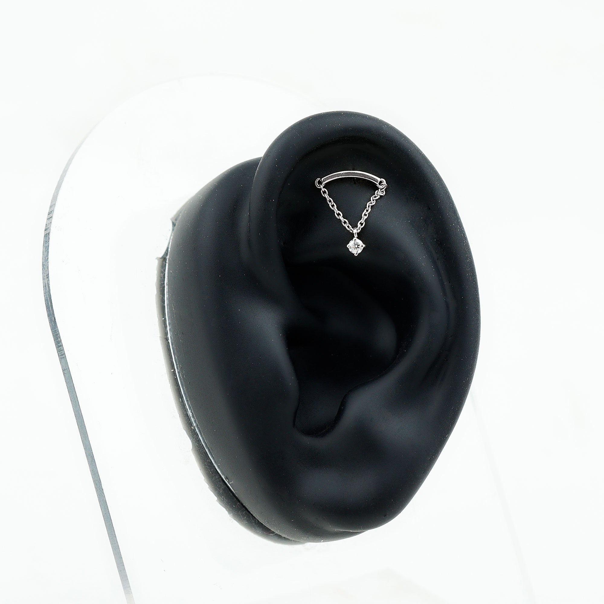 Curved Bar and Moissanite Chain Earring for Helix Piercing