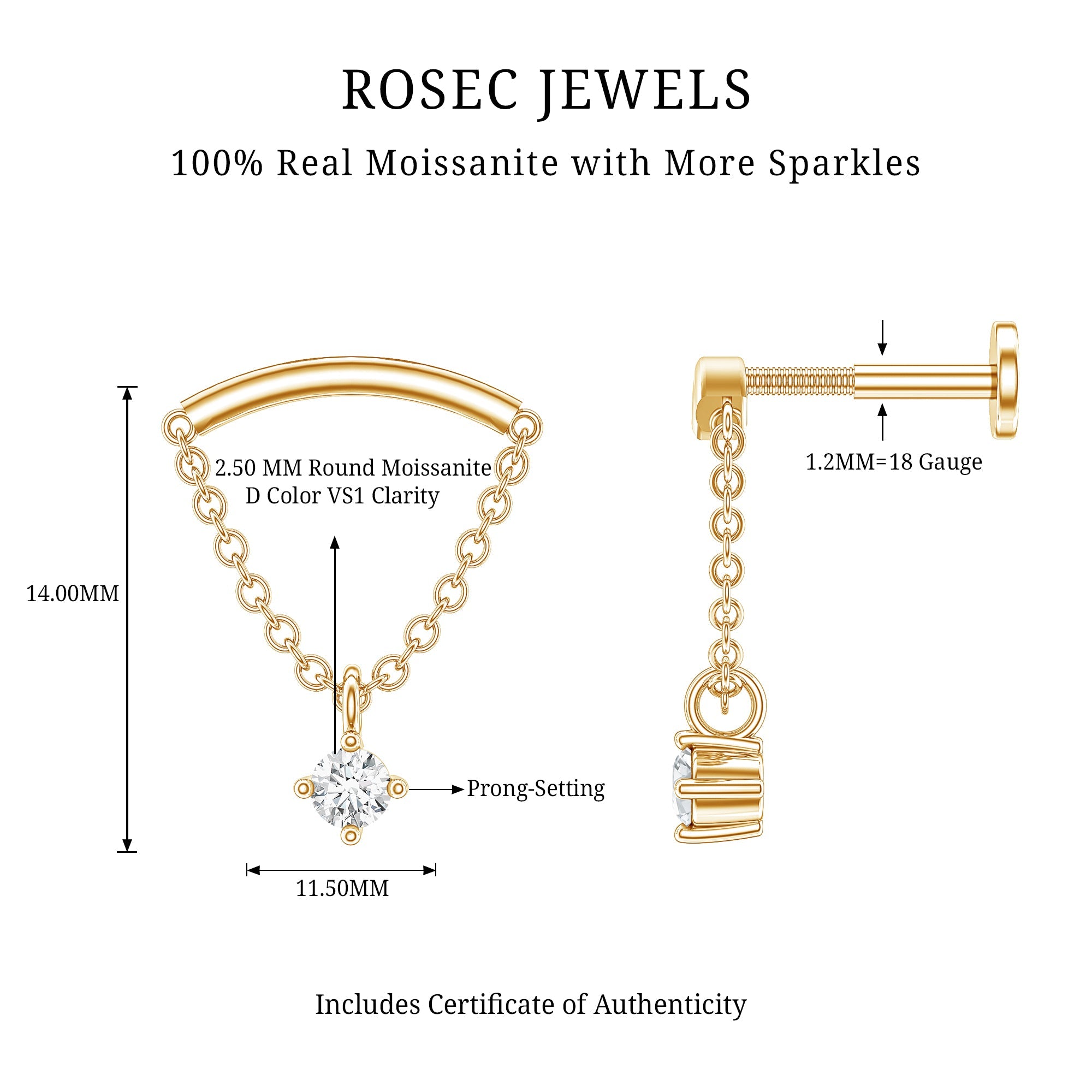 Curved Bar and Moissanite Chain Earring for Helix Piercing