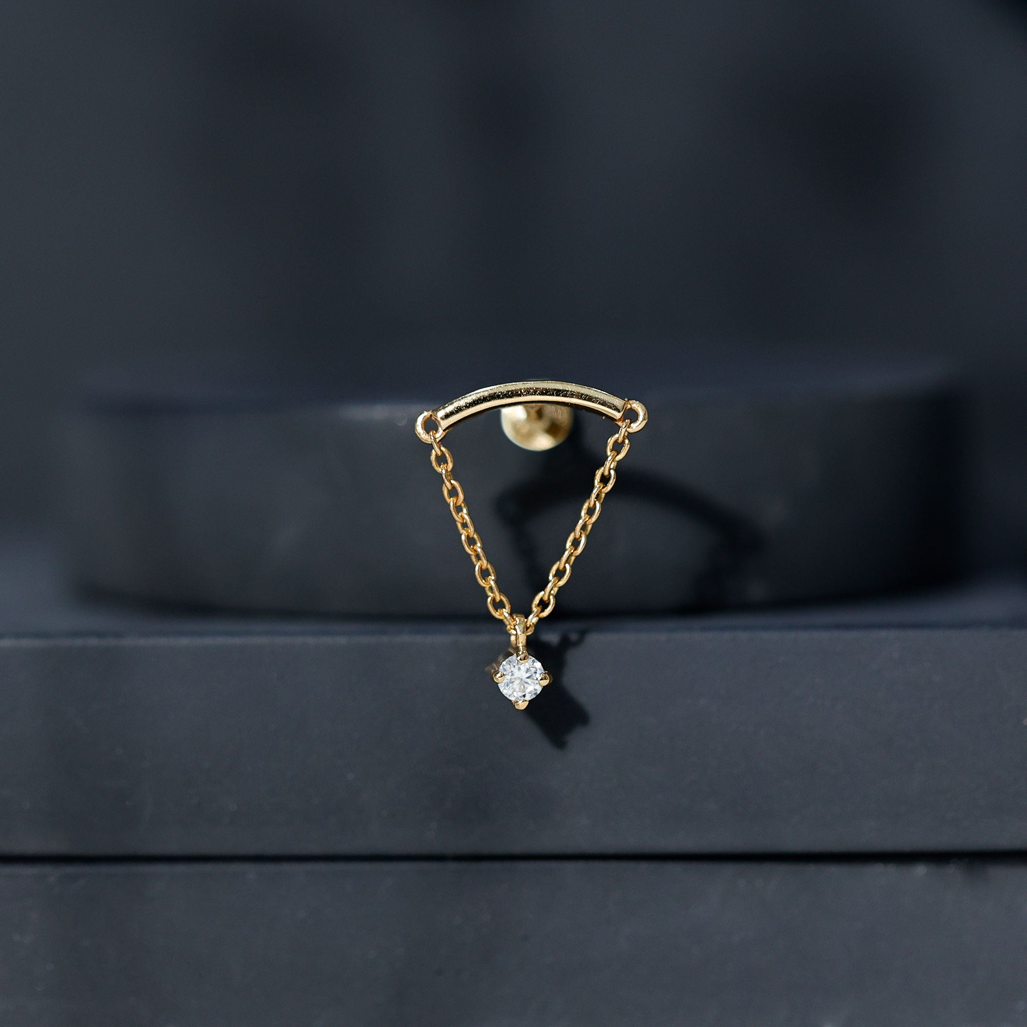 Curved Bar and Moissanite Chain Earring for Helix Piercing