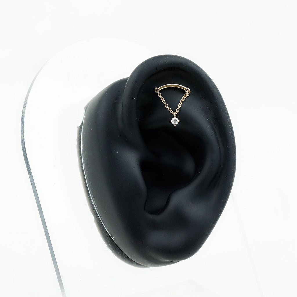 Curved Bar and Moissanite Chain Earring for Helix Piercing