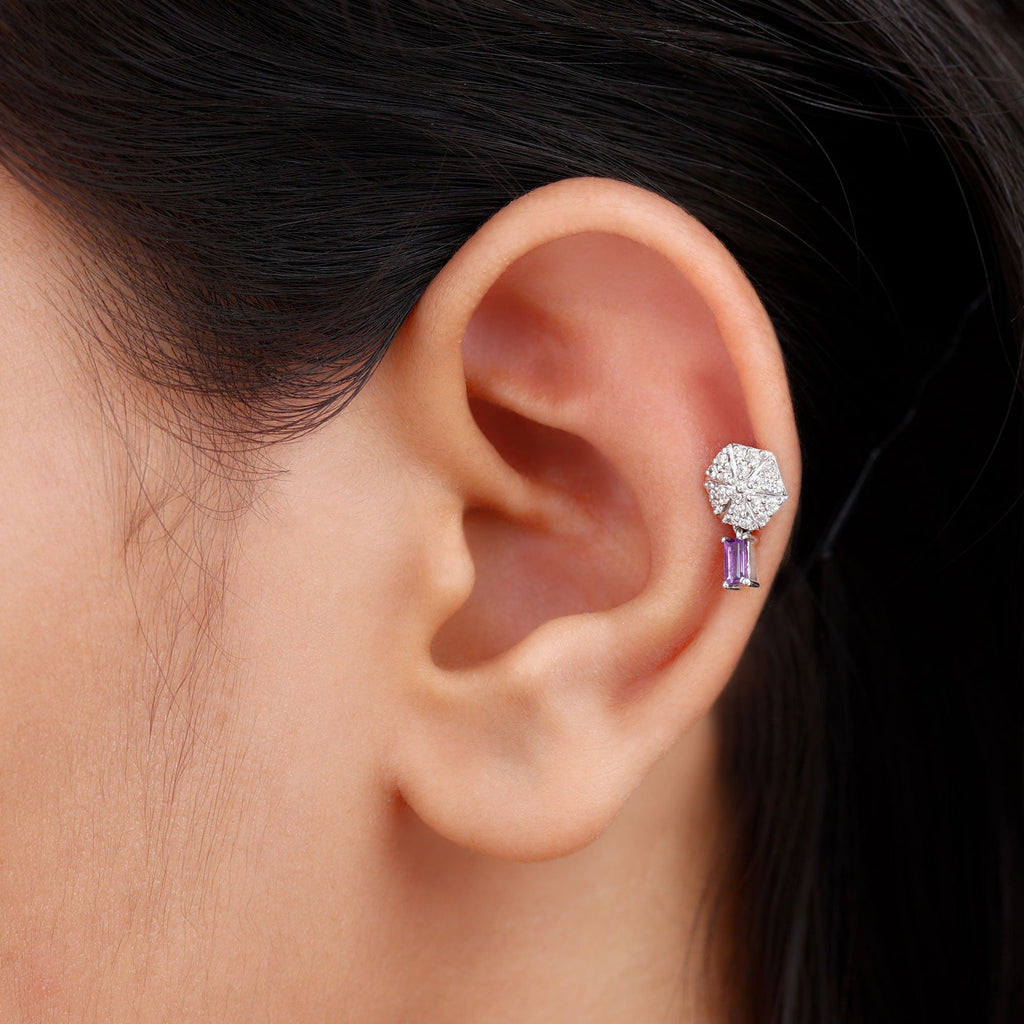 Baguette Amethyst Cartilage Drop Earring with Diamond
