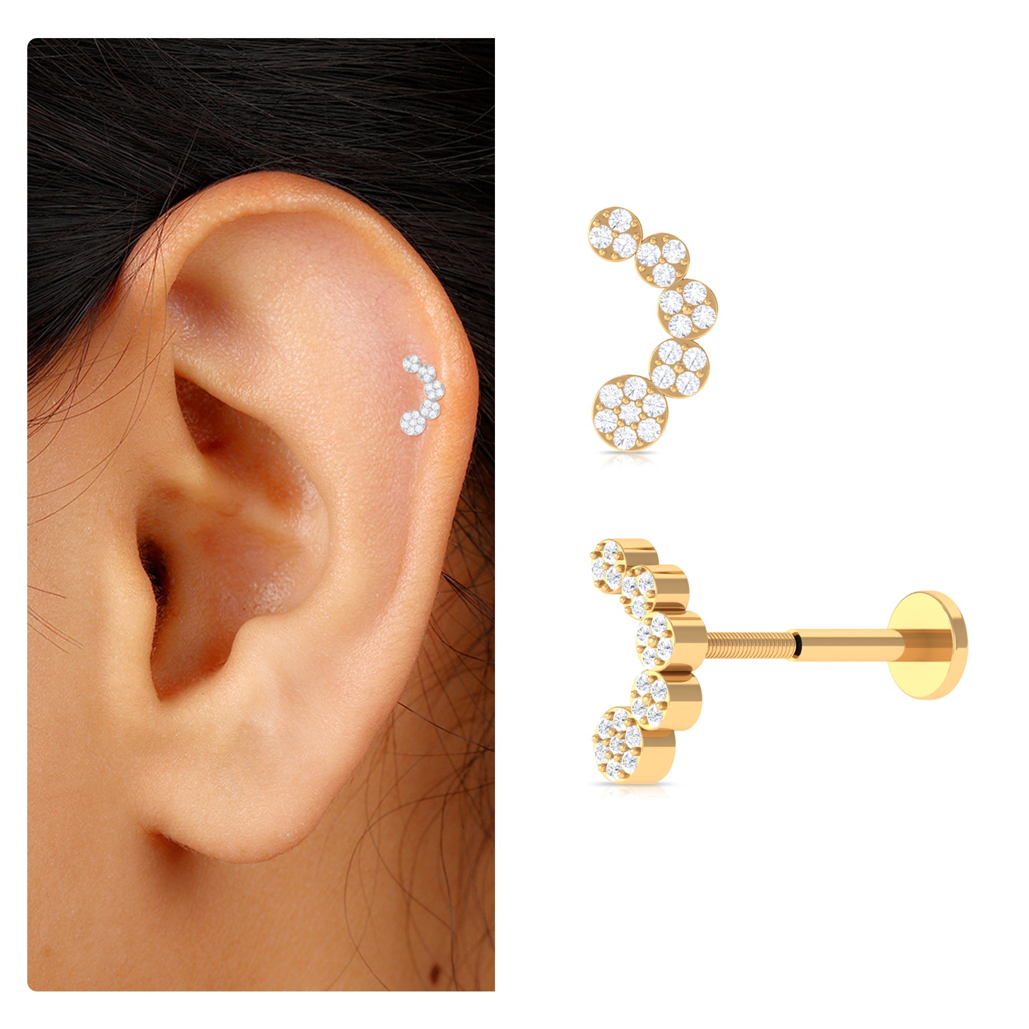 Genuine Diamond Curved Crawler Earring for Helix Piercing