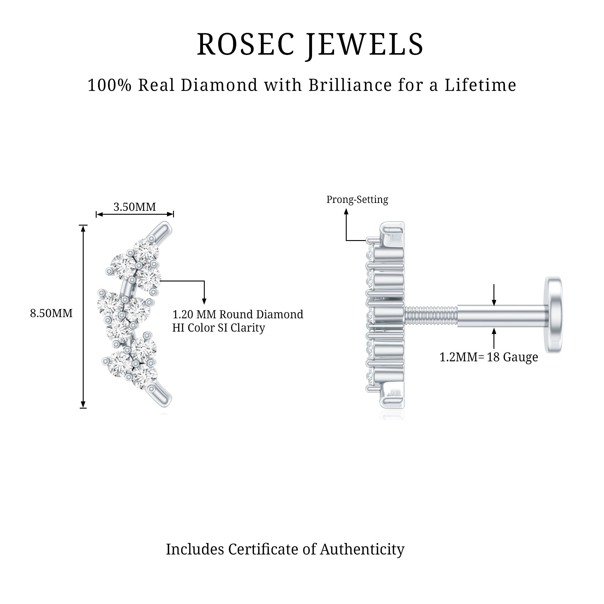 Natural Round Diamond Cluster Curved Helix Earring