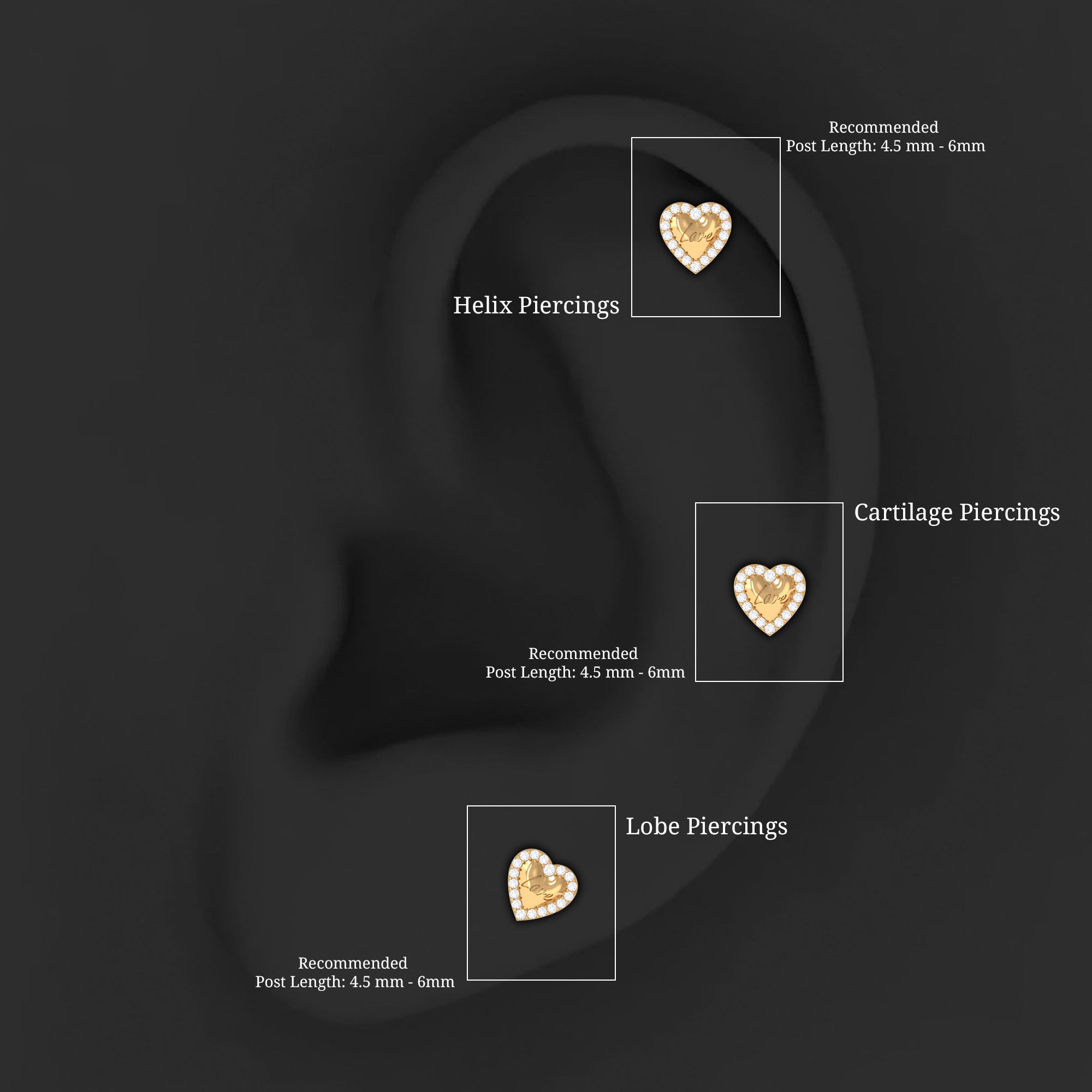 Certified Moissanite Love Heart Earring for Helix Piercing