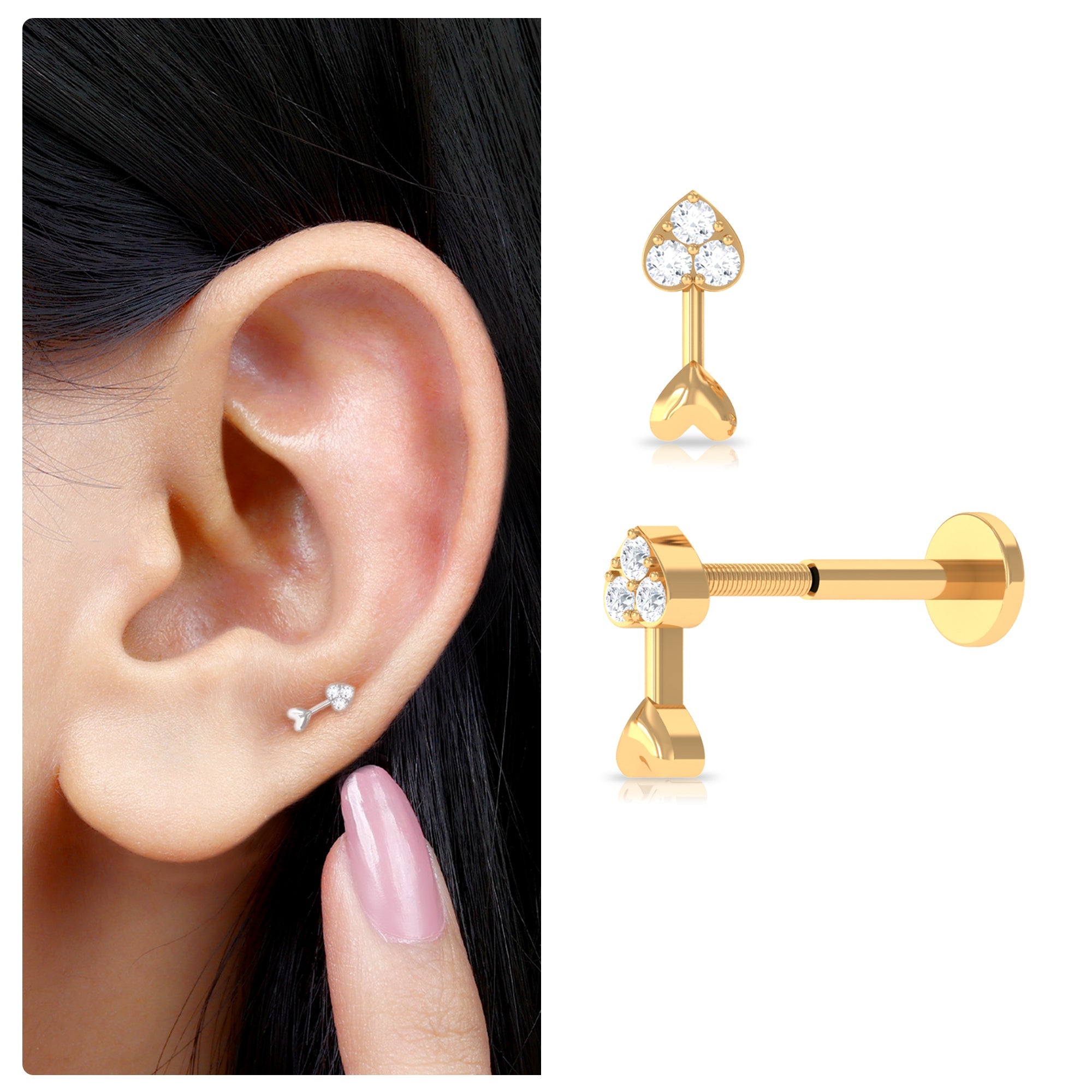 Genuine Diamond Heart Arrow Earring for Helix Piercing