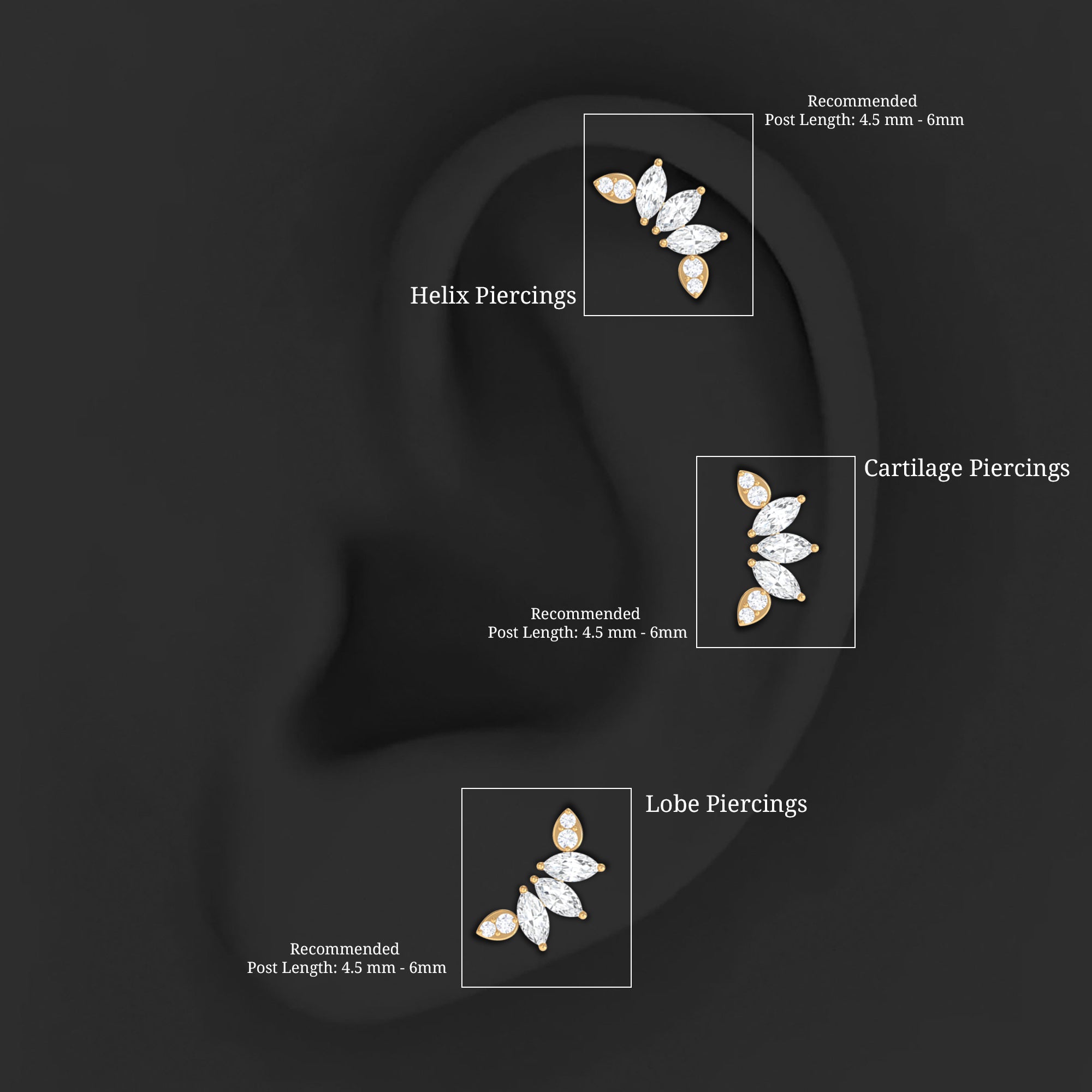 Marquise and Round Cut Moissanite Curved Leaf Helix Earring