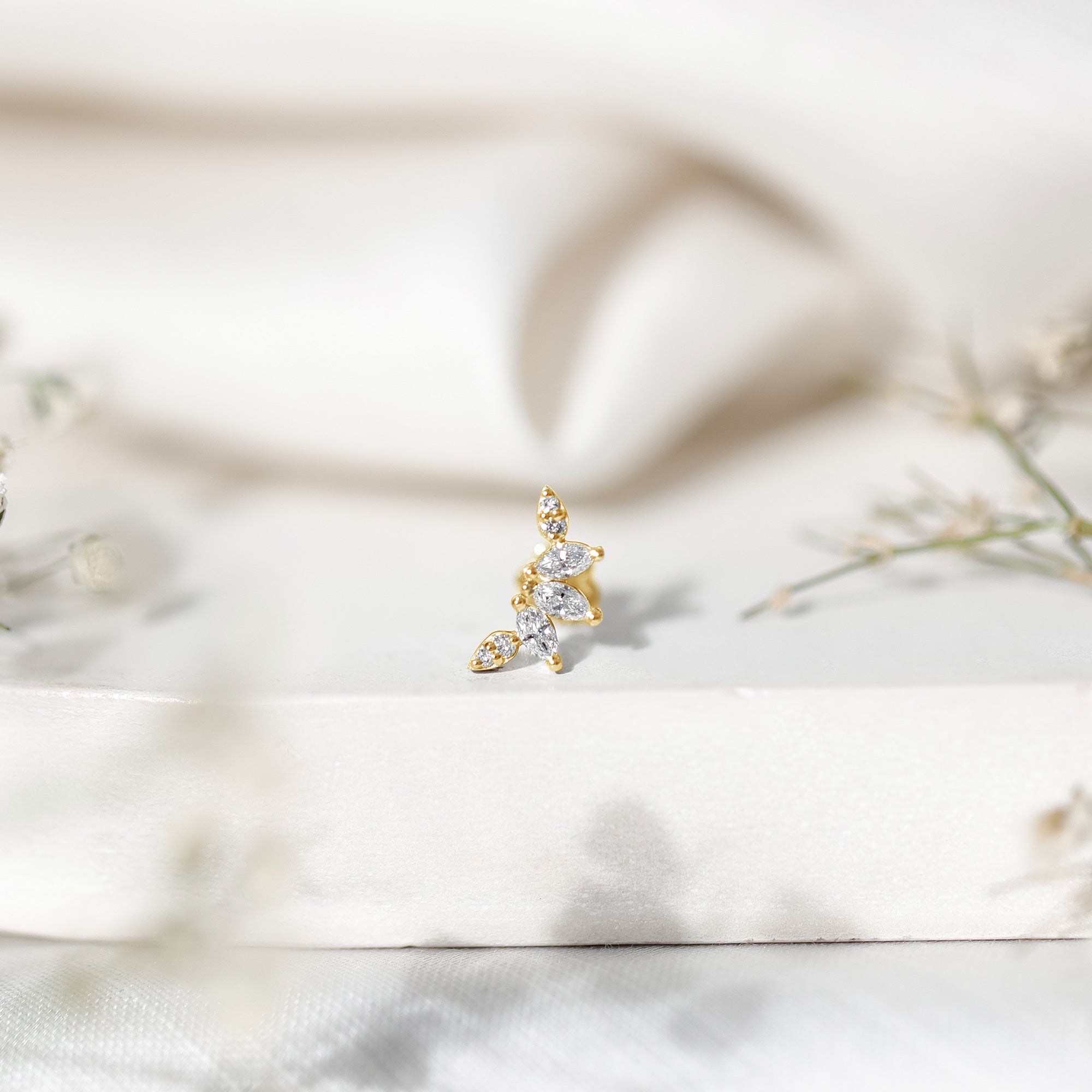 Marquise and Round Cut Moissanite Curved Leaf Helix Earring