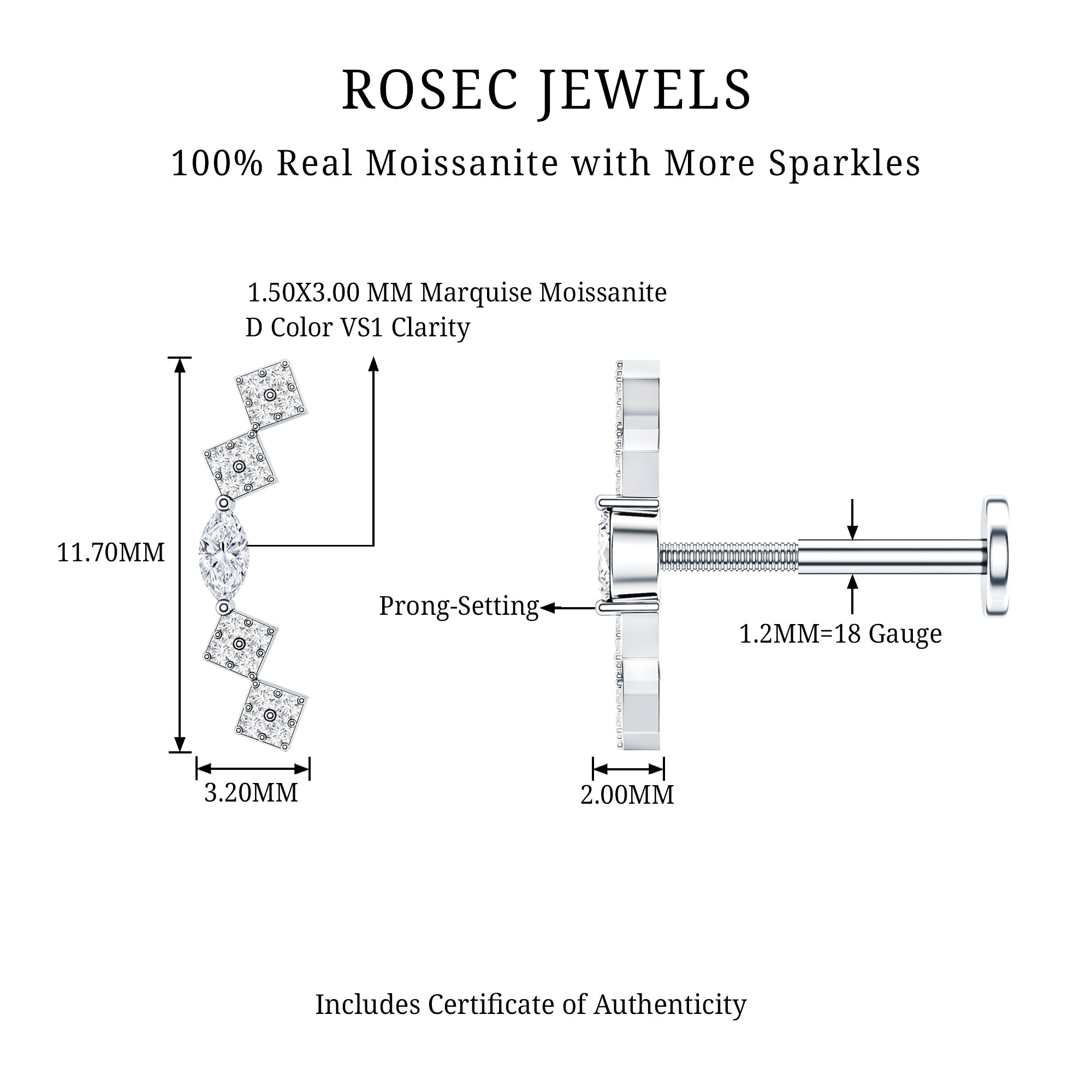 Certified Moissanite Curved Helix Piercing Earring